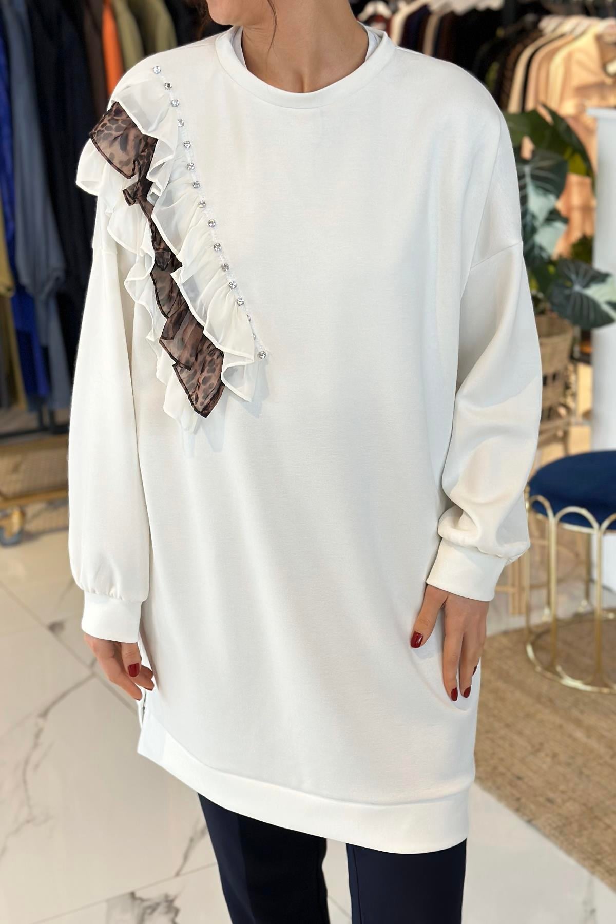 Leopar Fırfır Detay Tunik 31466 Ekru
