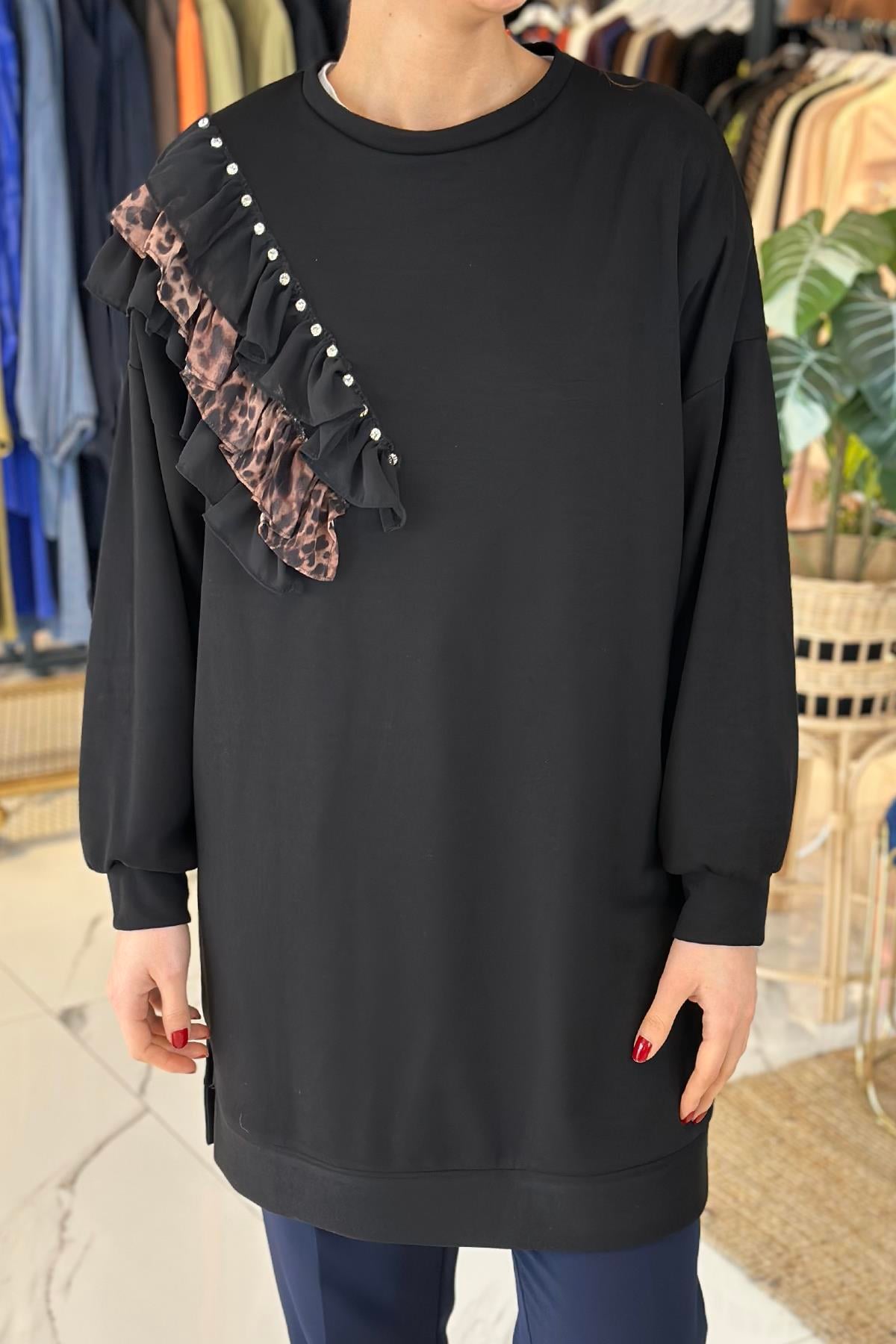 Leopar Fırfır Detay Tunik 31466 Siyah
