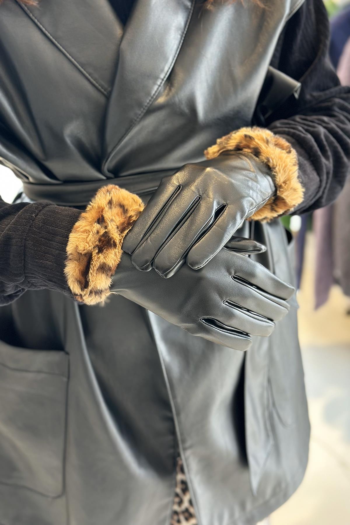 Leopar Peluş Detay Kadın Deri Eldiven ELD-27 Siyah