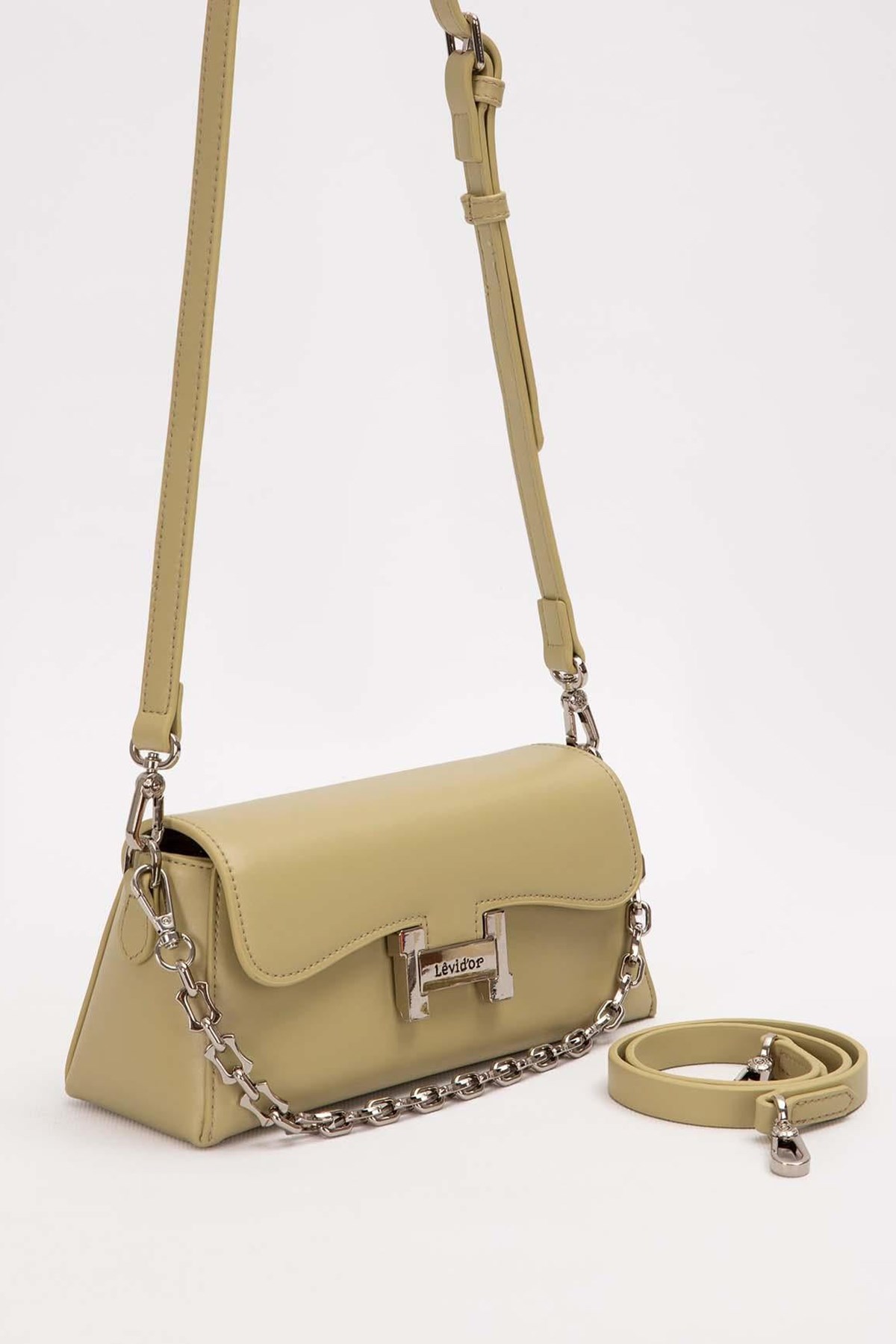 Levidor Premium Çift Askılı Çıtçıt Detay Deri Çanta 930405 Tereyağ Sarısı