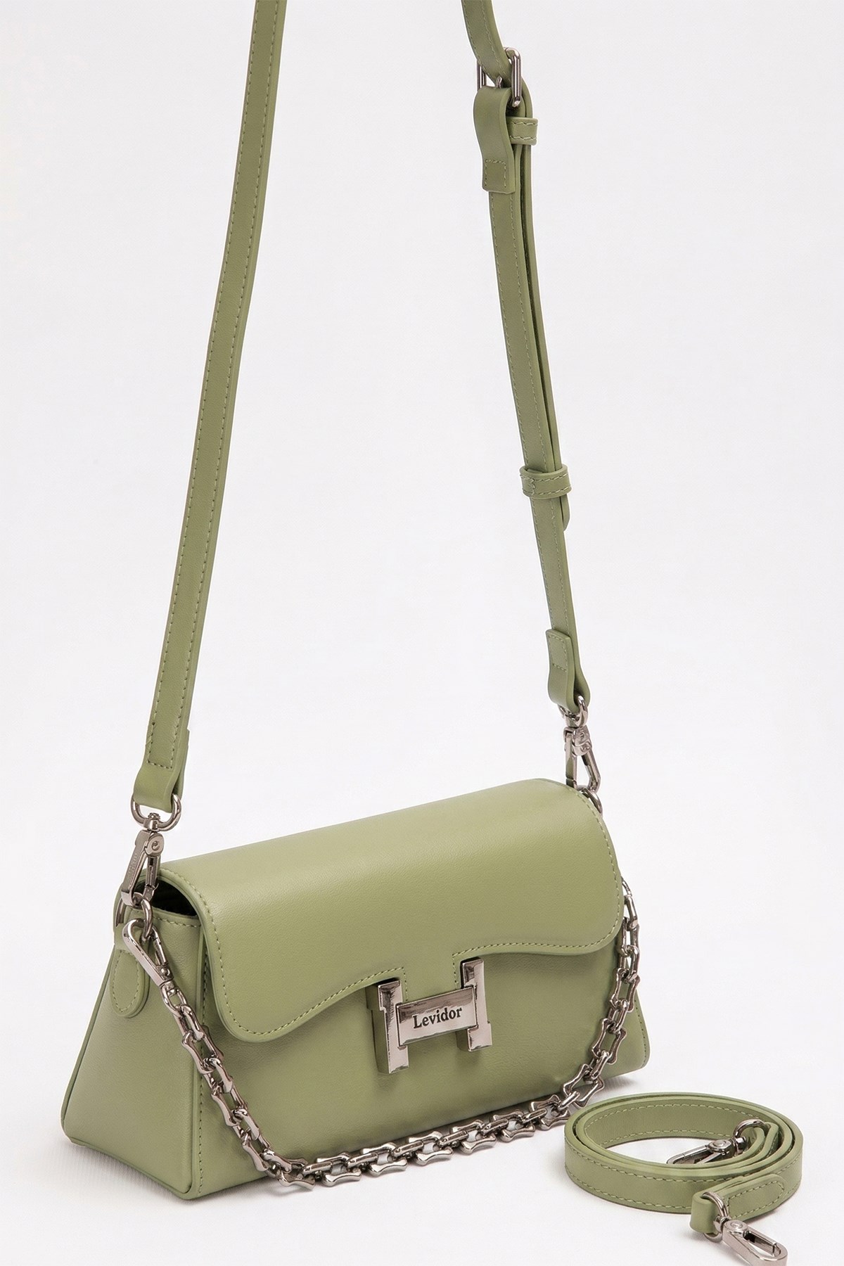 Levidor Premium Çift Askılı Çıtçıt Detay Deri Çanta 930405 Küf Yeşil
