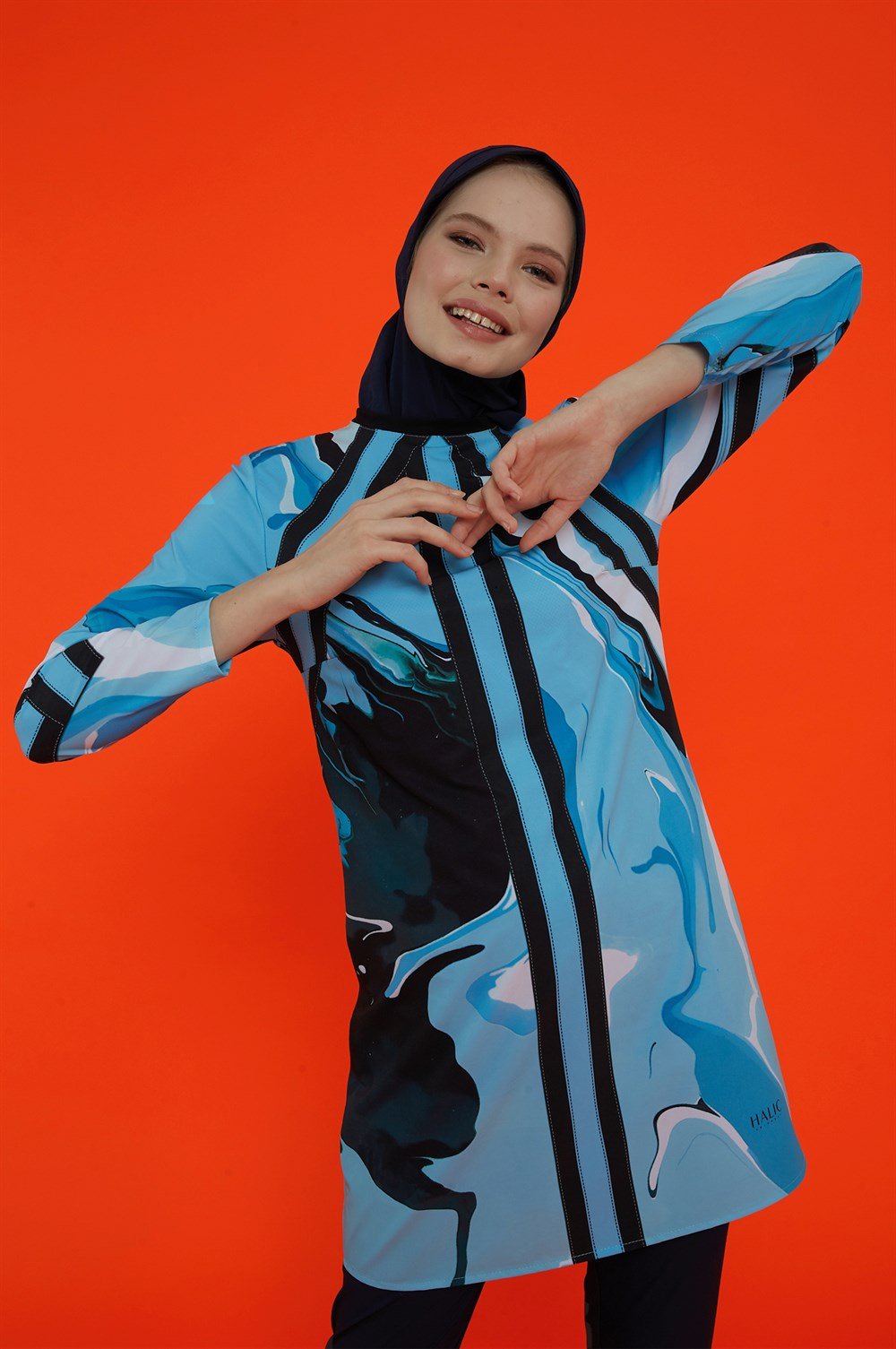 Likralı Tam Kapalı Desenli Denizci Tesettür Mayo