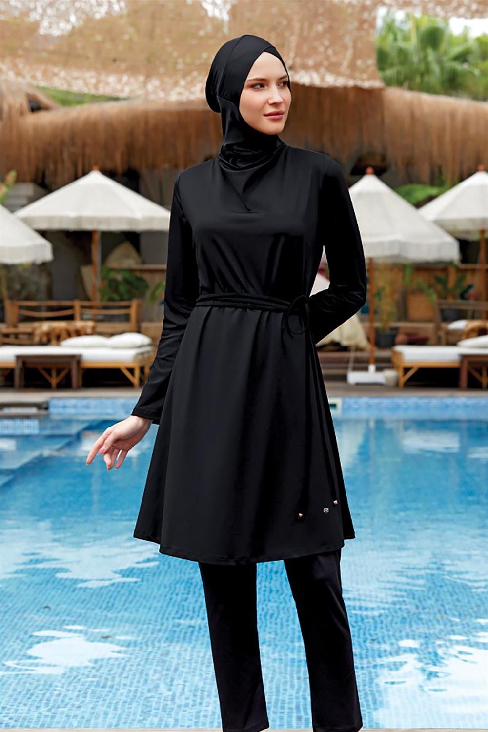 Likralı Tam Kapalı Tesettür Mayo Alyson 8031 Siyah Remsa Mayo