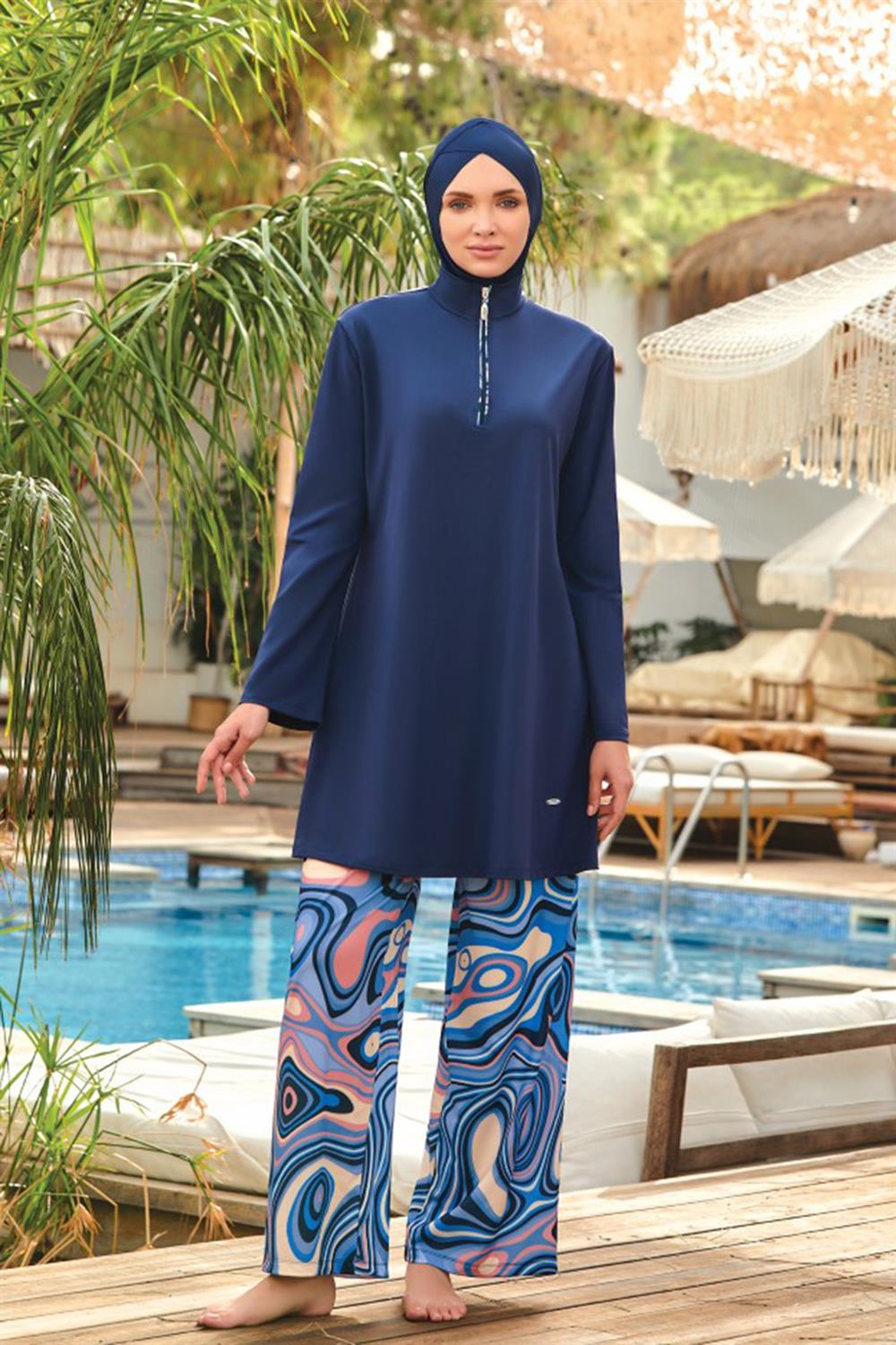 Likralı Tam Kapalı Tesettür Mayo Bol Paça Ruth 2 4417 Koyu Lacivert Remsa Mayo