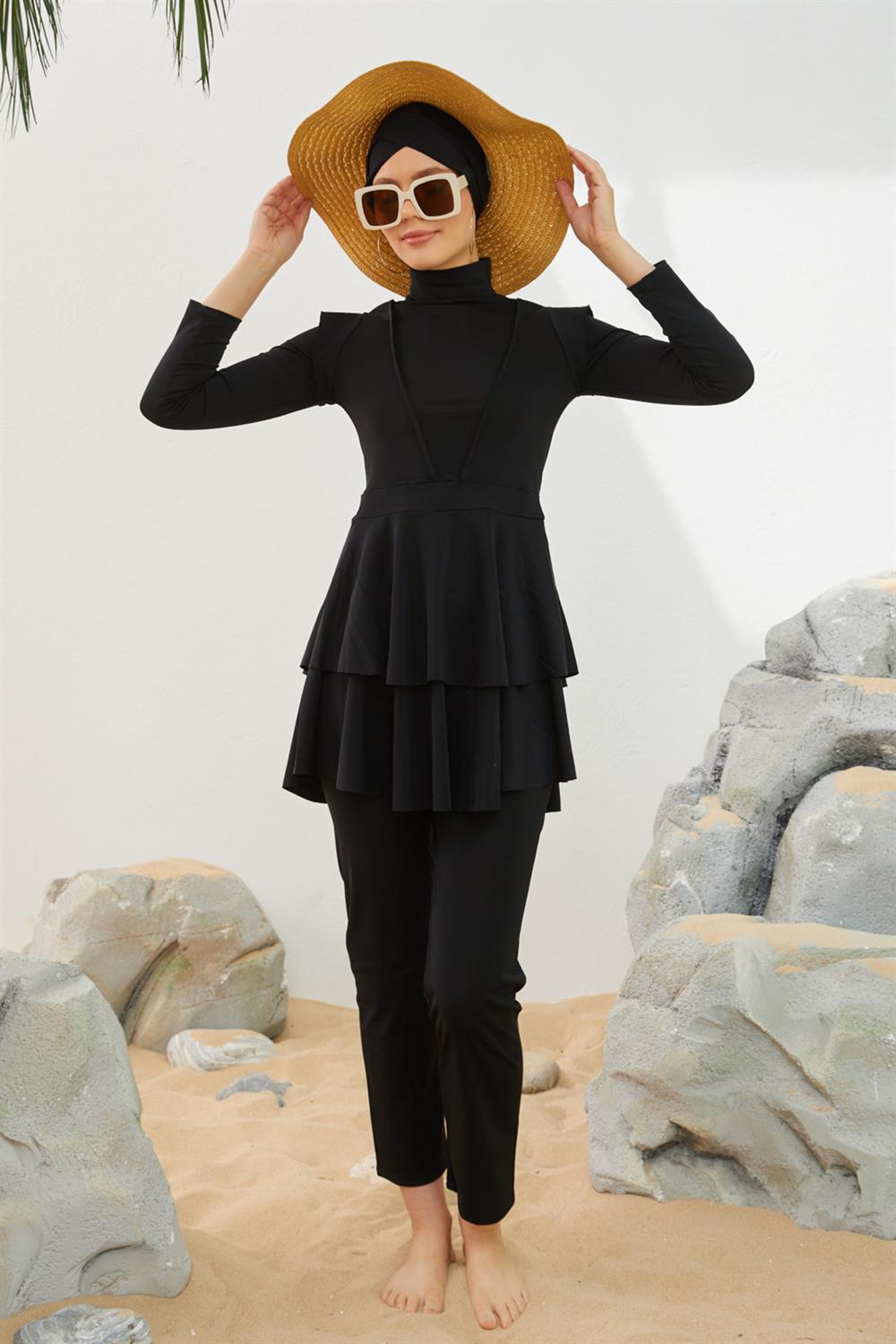 Likralı Tam Kapalı Tesettür Mayo Deniz Mayosu Fırfır Detaylı T223-01 Siyah