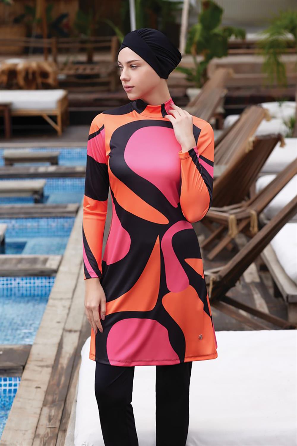 Likralı Tam Kapalı Tesettür Mayo Derek 9006 Siyah Remsa Mayo