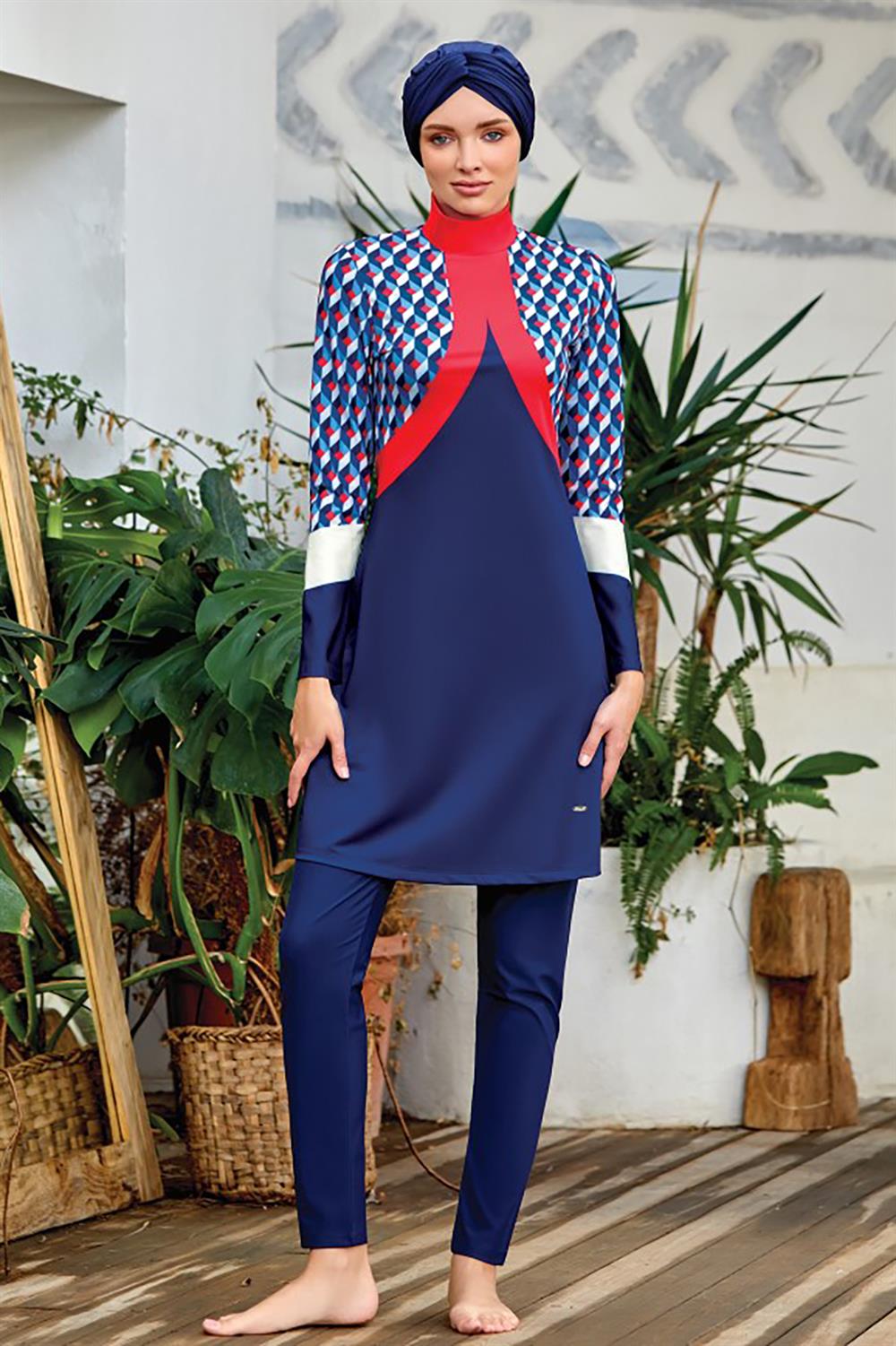 Likralı Tam Kapalı Tesettür Mayo Lulu 4409 Koyu Lacivert Remsa Mayo