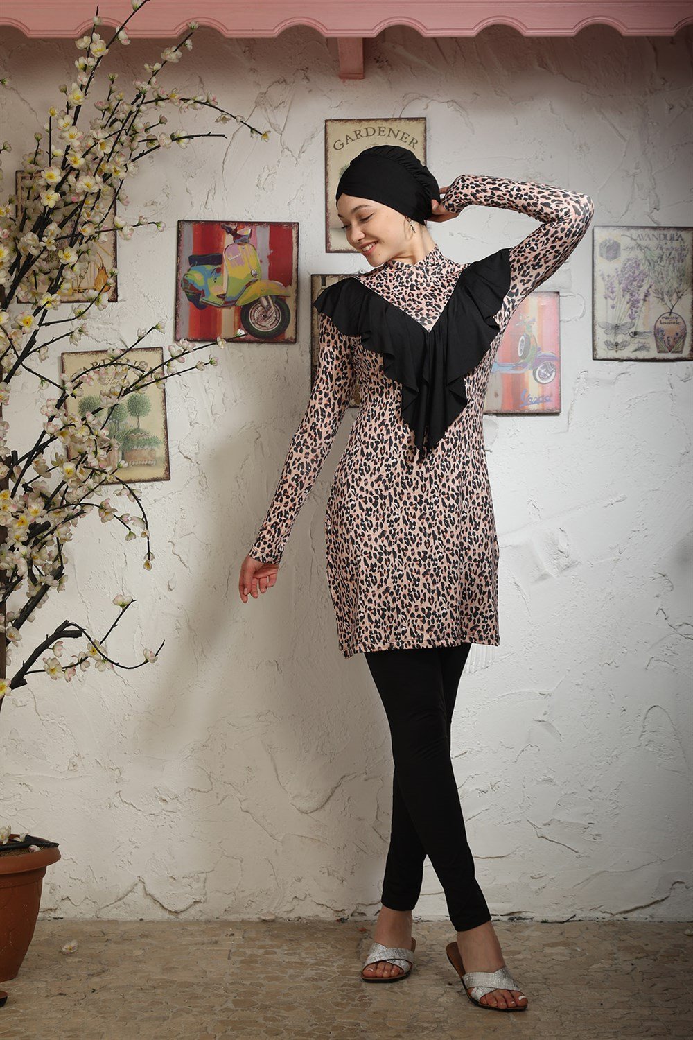 Likralı Tam Kapalı Tesettür Mayo Melike Kahve Leopar