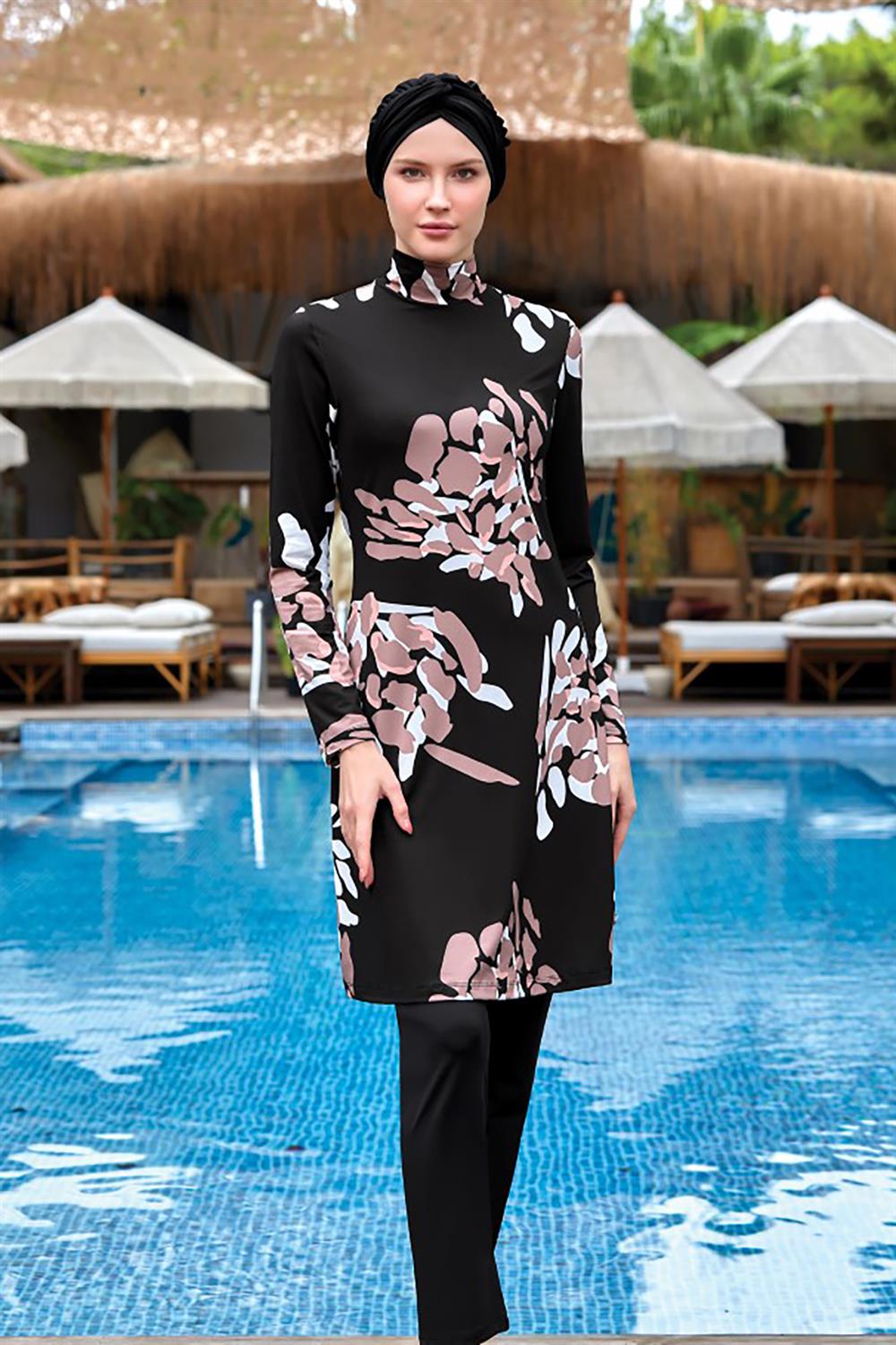 Likralı Tam Kapalı Tesettür Mayo Pıcass 8003 Siyah Remsa Mayo