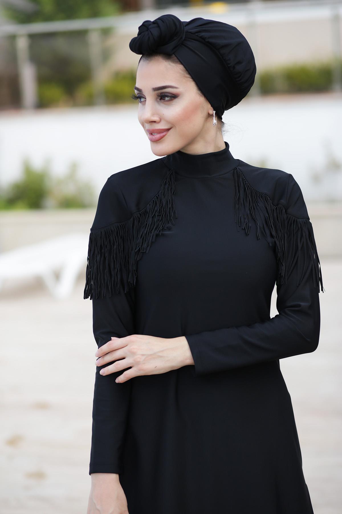 Likralı Tam Kapalı Tesettür Mayo Ramıra 4105 Siyah Remsa Mayo