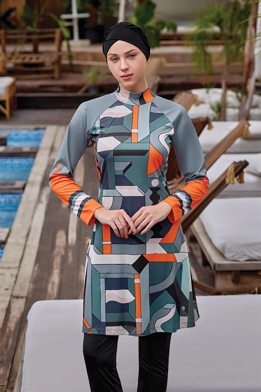 Likralı Tam Kapalı Tesettür Mayo Rıgel 9023 Siyah Remsa Mayo