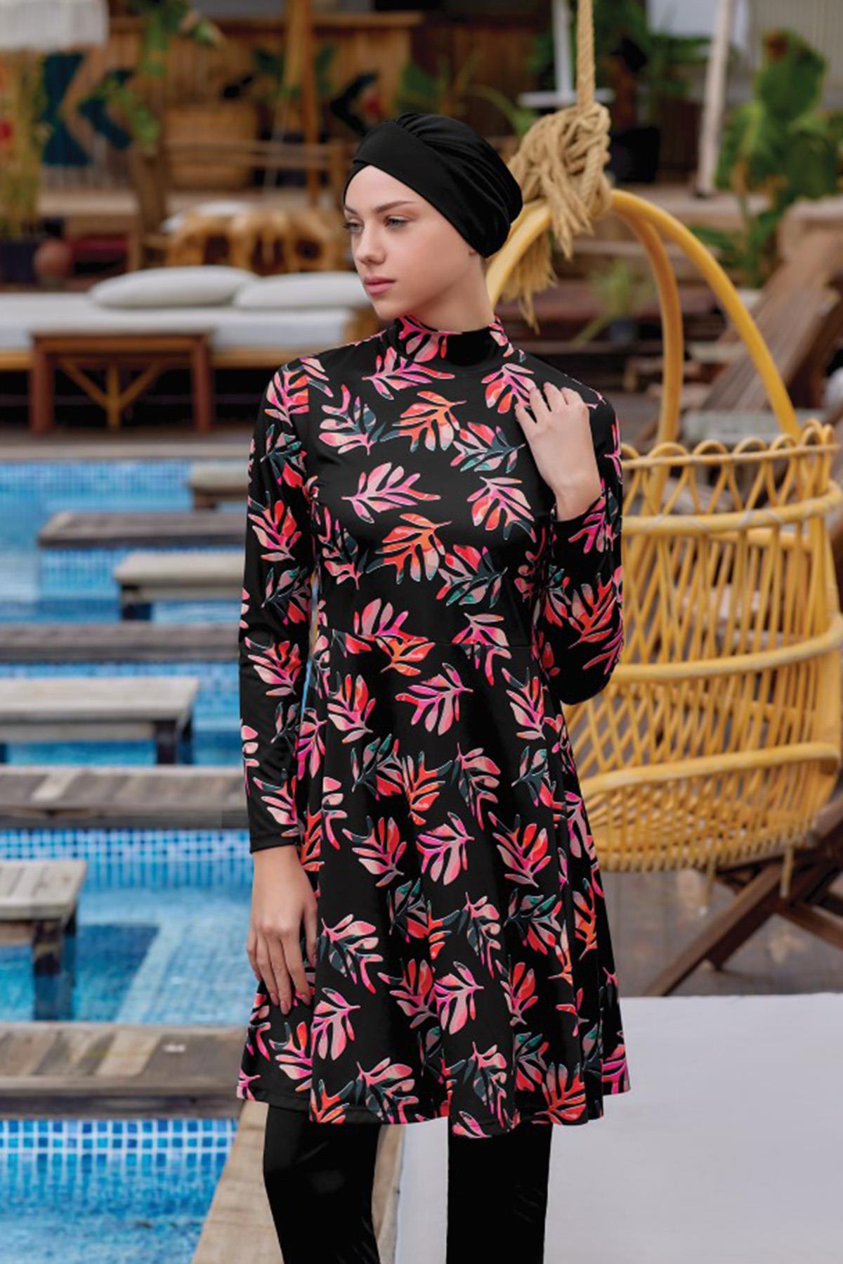 Likralı Tam Kapalı Tesettür Mayo Sanna 9008 Siyah Remsa Mayo