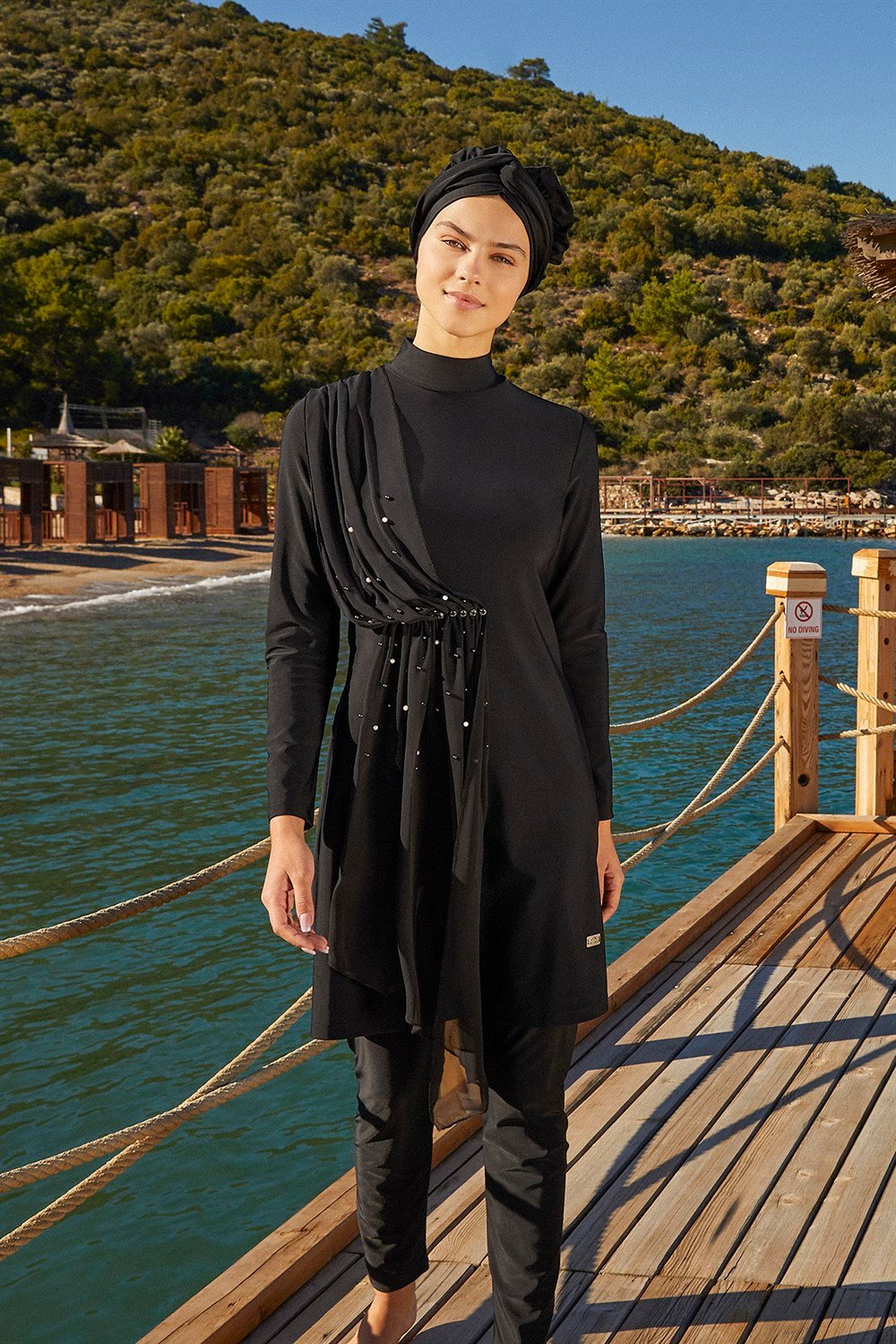 Likralı Tam Kapalı Tesettür Mayo Tül İnci detay 4248 Siyah