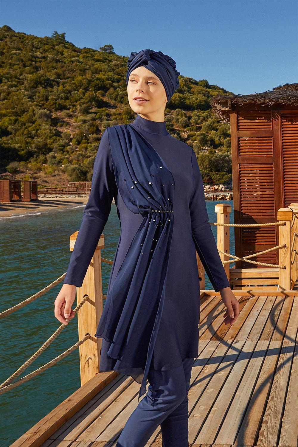 Likralı Tam Kapalı Tesettür Mayo Tül İnci Detay 4248 Koyu Lacivert