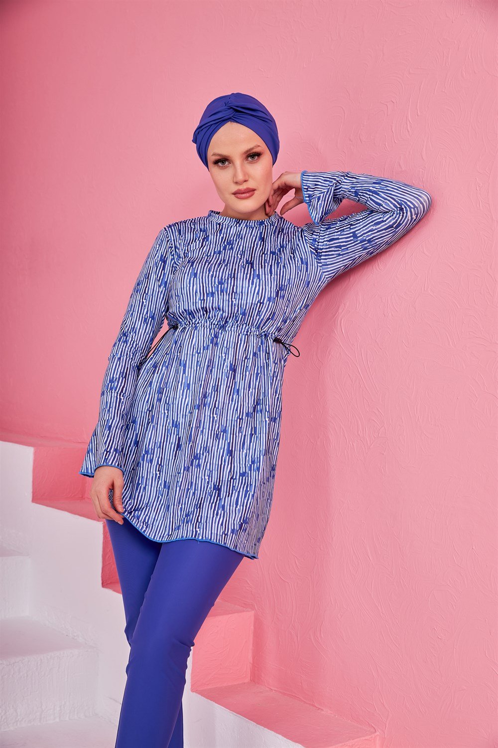 Likralı Tam Kapalı Tesettür Mayo Yüsra Mavi 2236