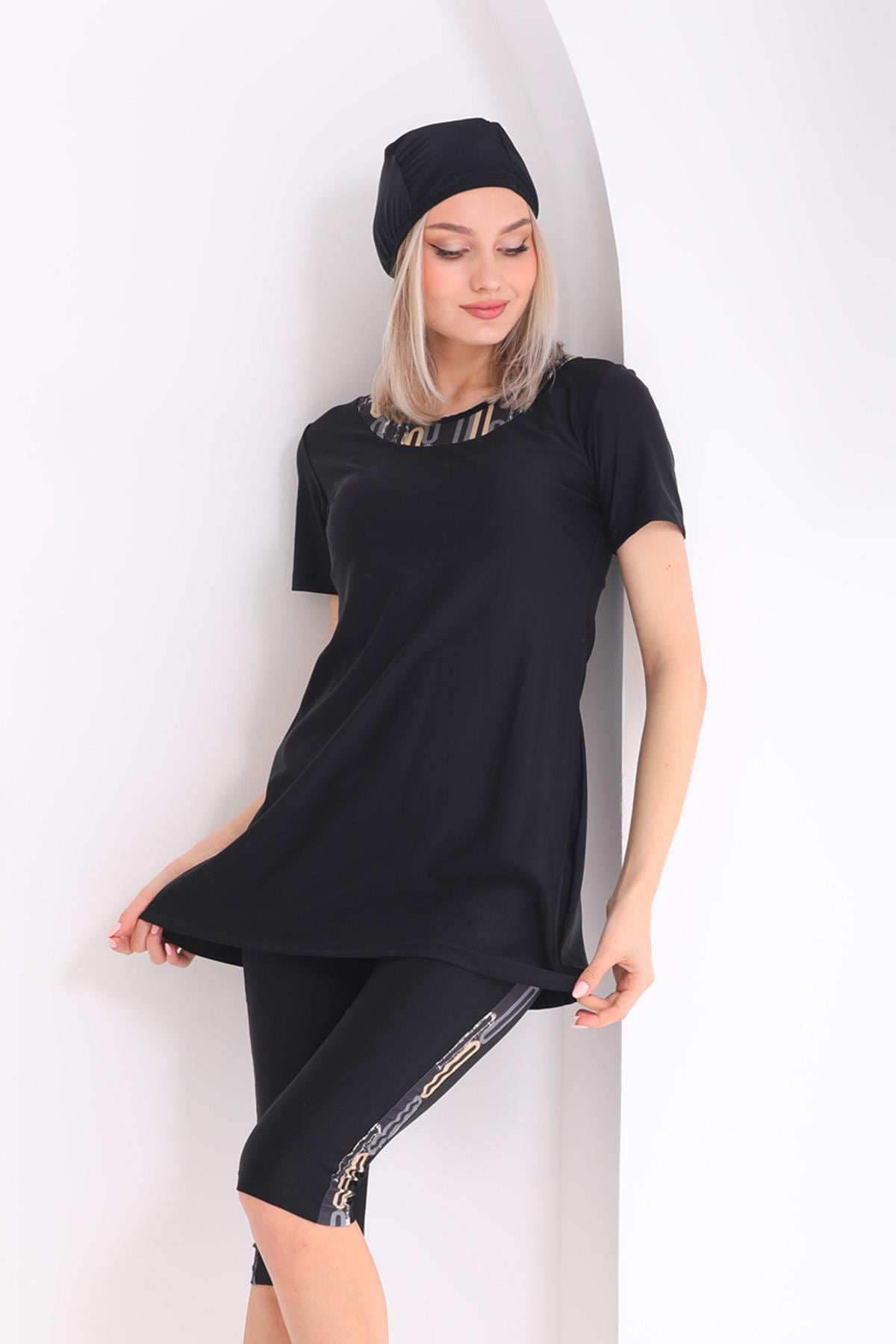 Likralı Yarı Kapalı Mayo 2416 Amber Siyah