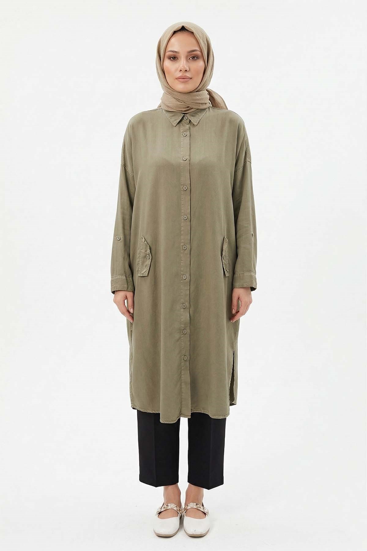 Lyocell Gömlek Uzun Tunik 7509 Haki