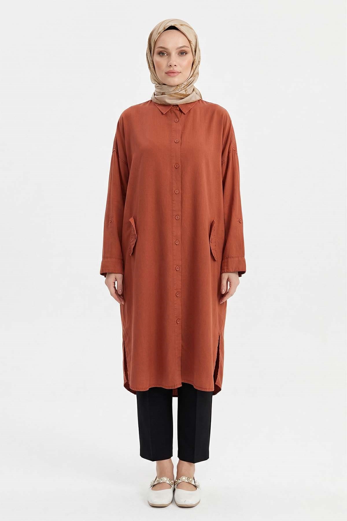 Lyocell Gömlek Uzun Tunik 7509 Kiremit