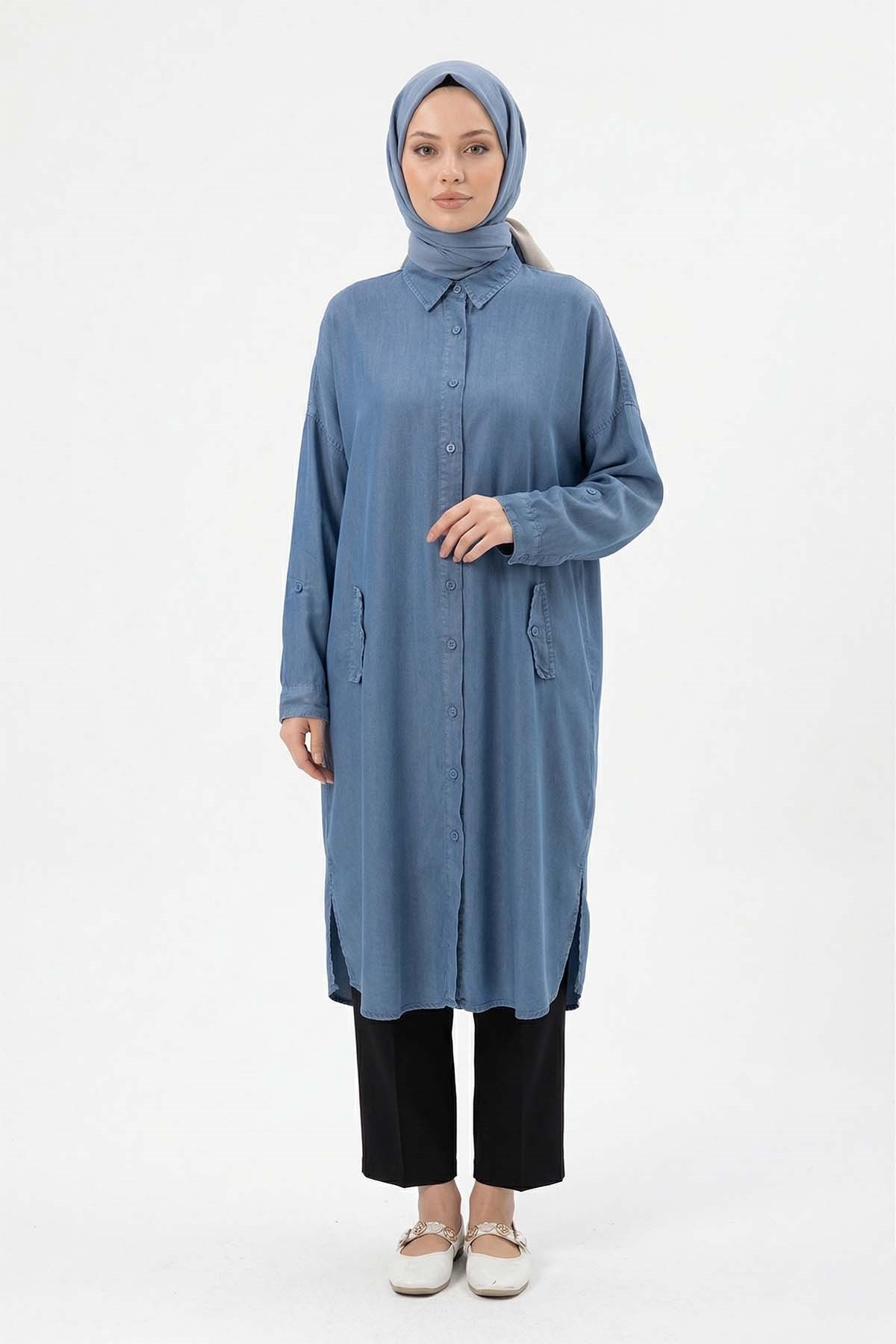Lyocell Gömlek Uzun Tunik 7509 Mavi