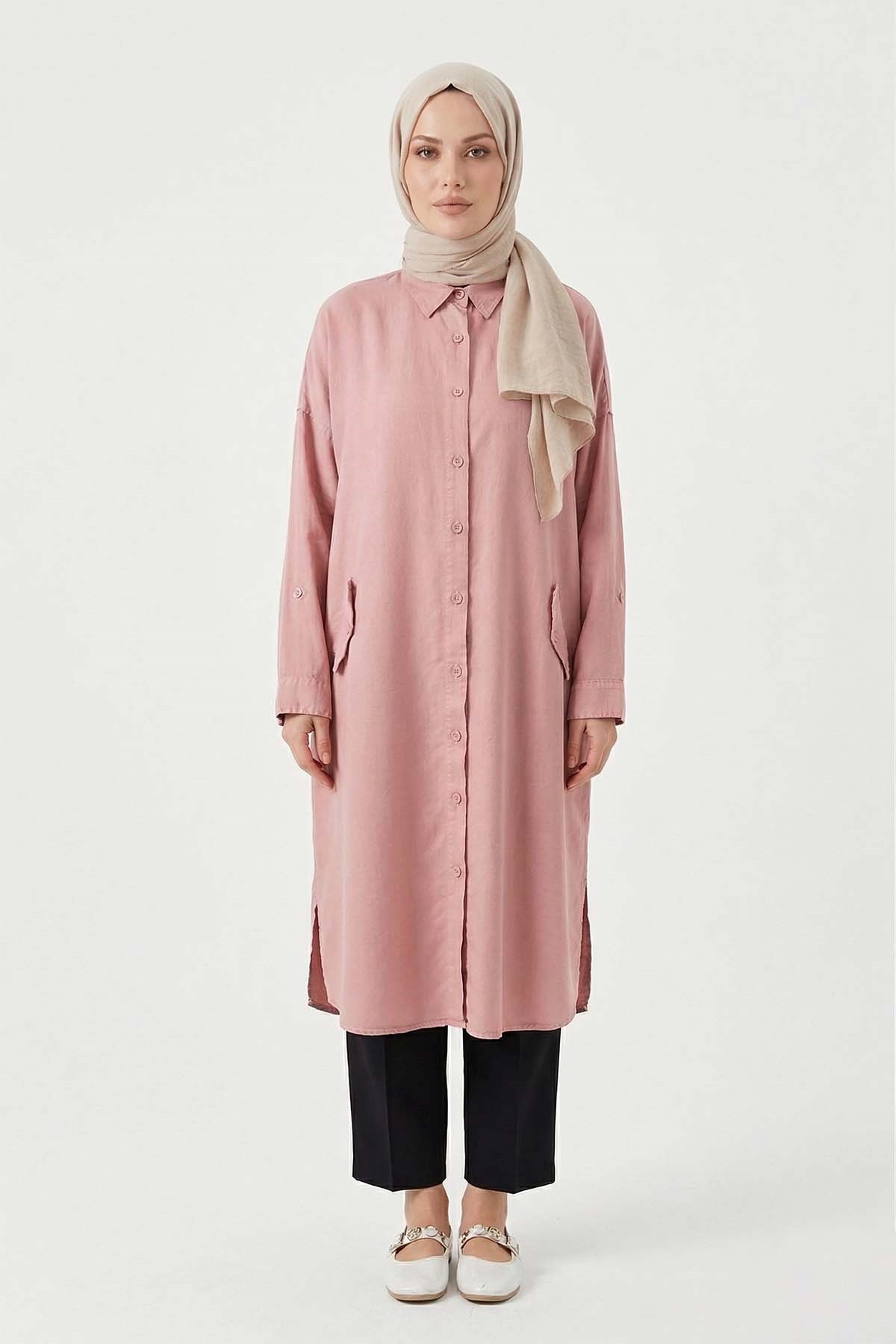 Lyocell Gömlek Uzun Tunik 7509 Pembe