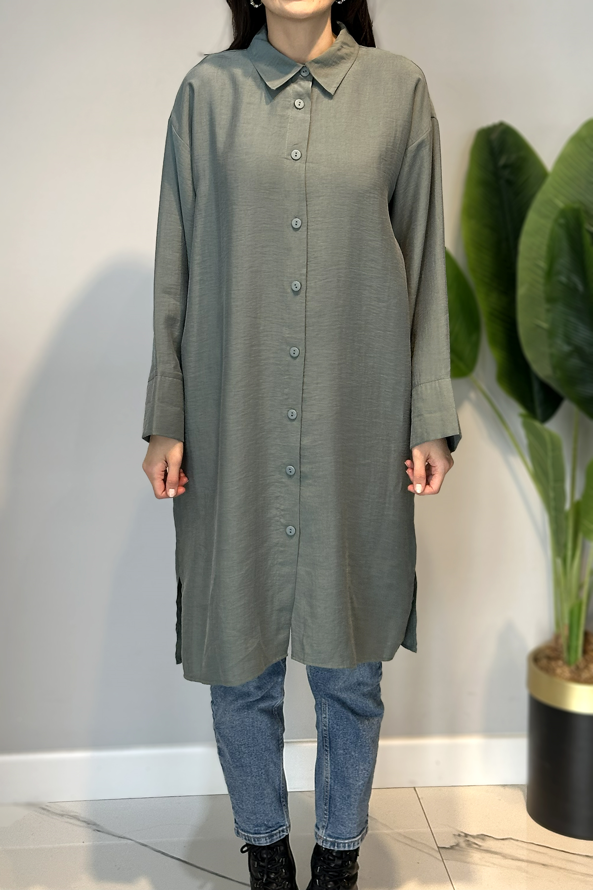 Lyocell Oversize Uzun Gömlek Tunik 7488 Haki