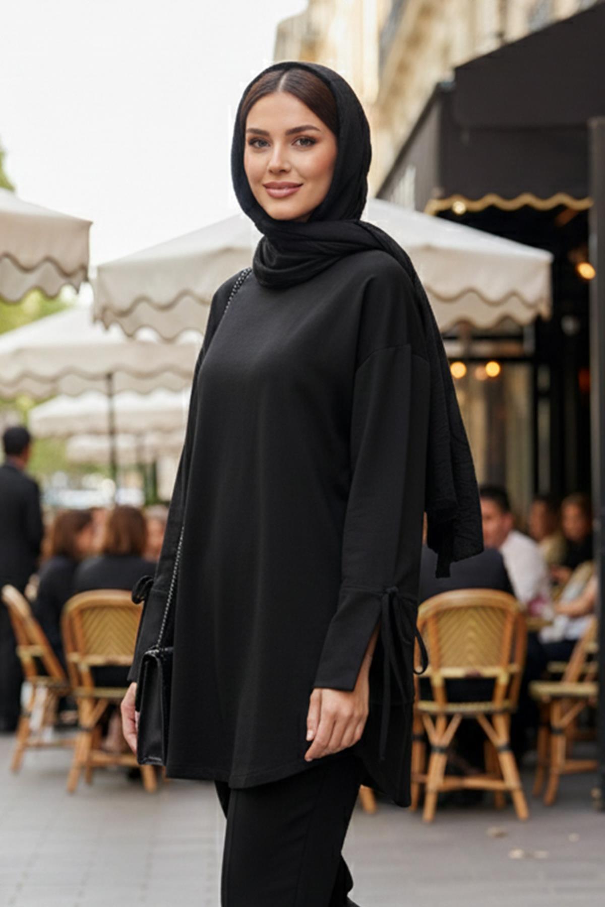 Manşeti ve Beli Bağcık Detay Sweat Tunik 3066 Siyah