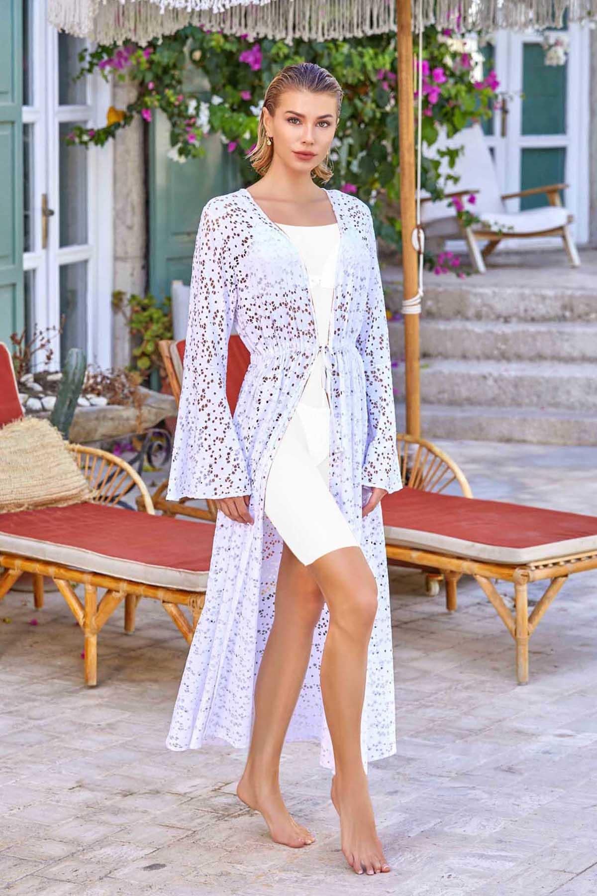 Mayo Üzerine Önü Açık Örme Fisto Kimono Pareo Lemy  6120 Beyaz