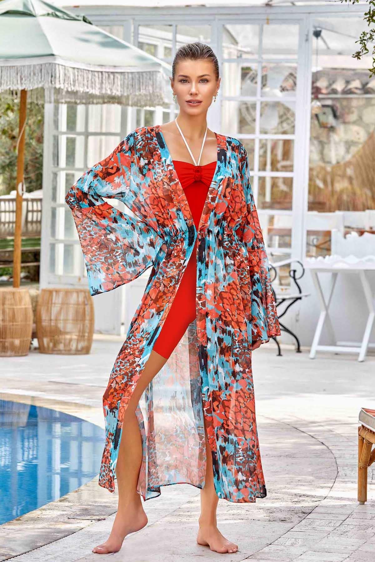 Mayo Üzerine Tek Pareo Kaftan Almın 6121 Turkuaz