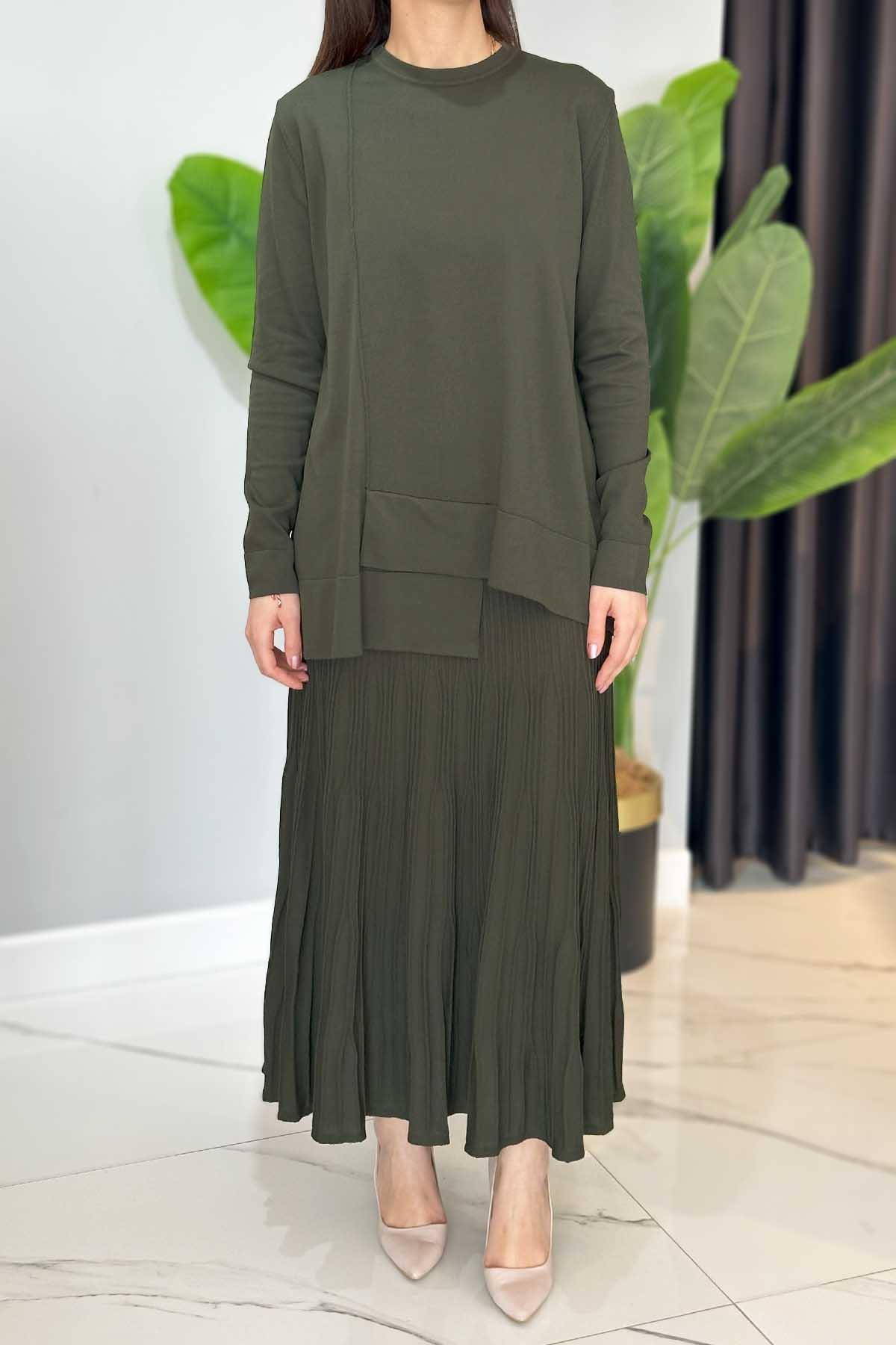 Merserize Tunik Detaylı Triko Etekli Takım 703 Acı Yeşil