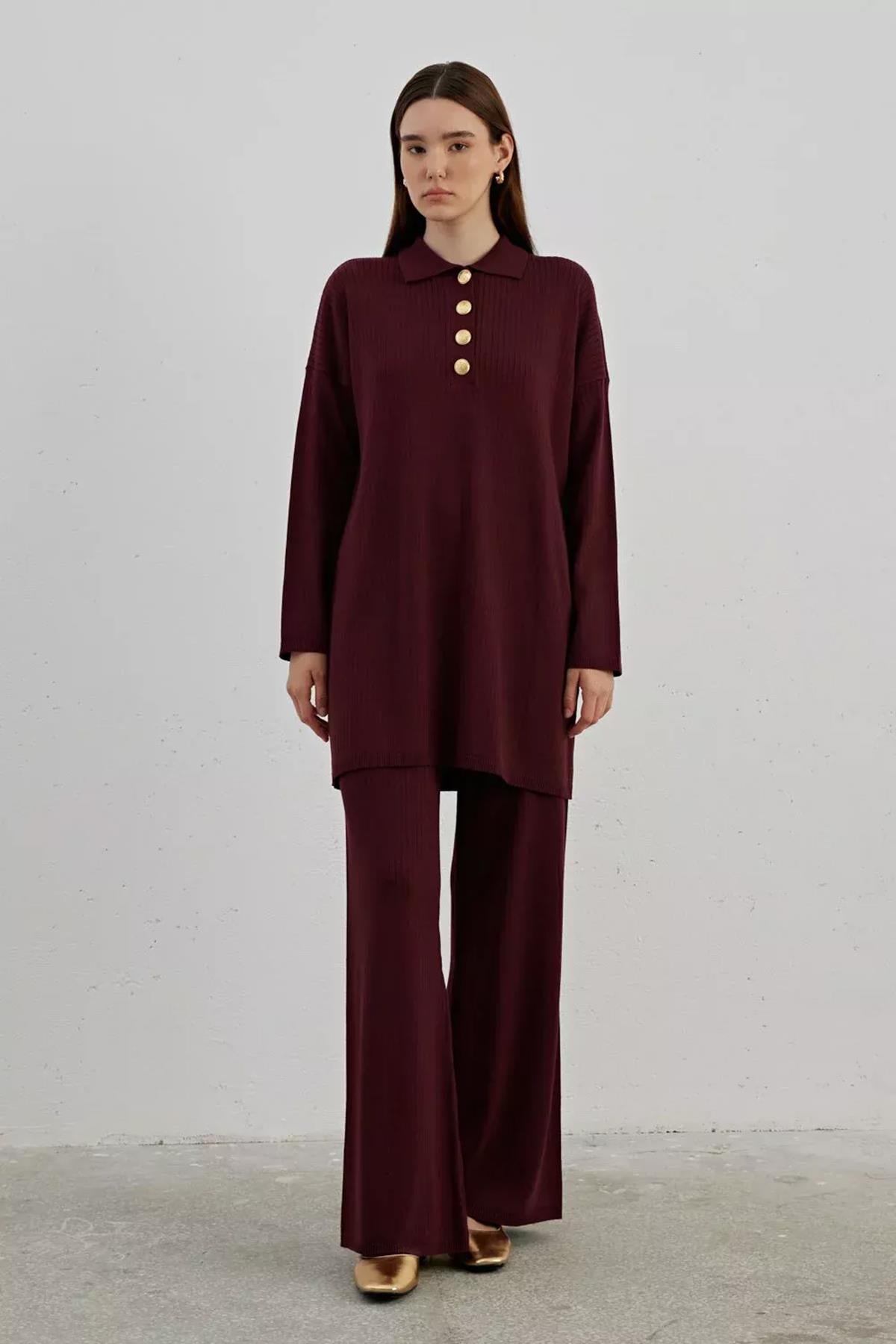 Merwish Blazer Düğme Pamuklu Triko Takım 1106 Bordo