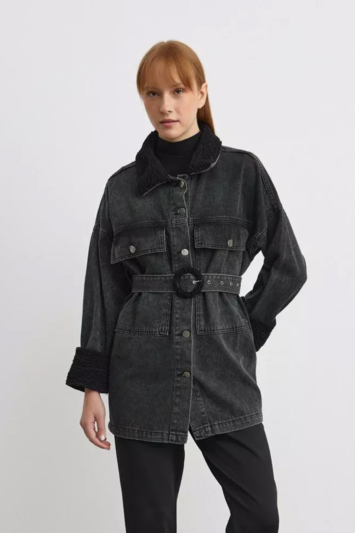 Merwish Kürklü Denim Ceket 1116 Antrasit