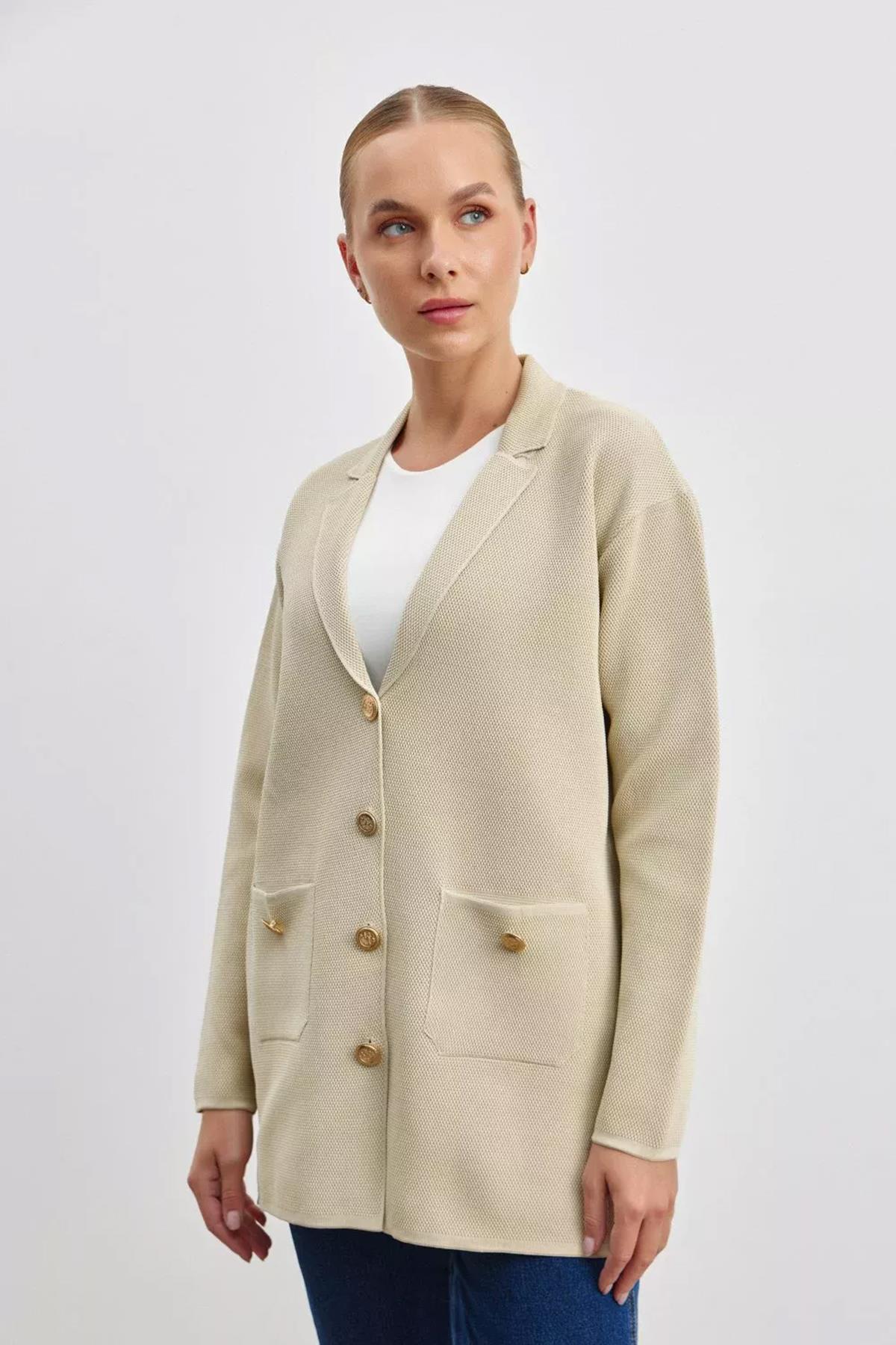 Merwish Özel İplik Pamuk Örme Triko Ceket Hırka 1156 Bej