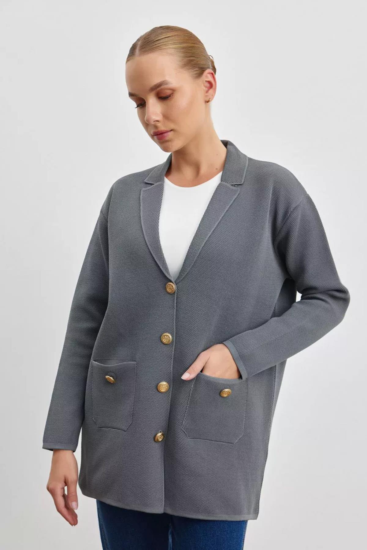 Merwish Özel İplik Pamuk Örme Triko Ceket Hırka 1156 Gri