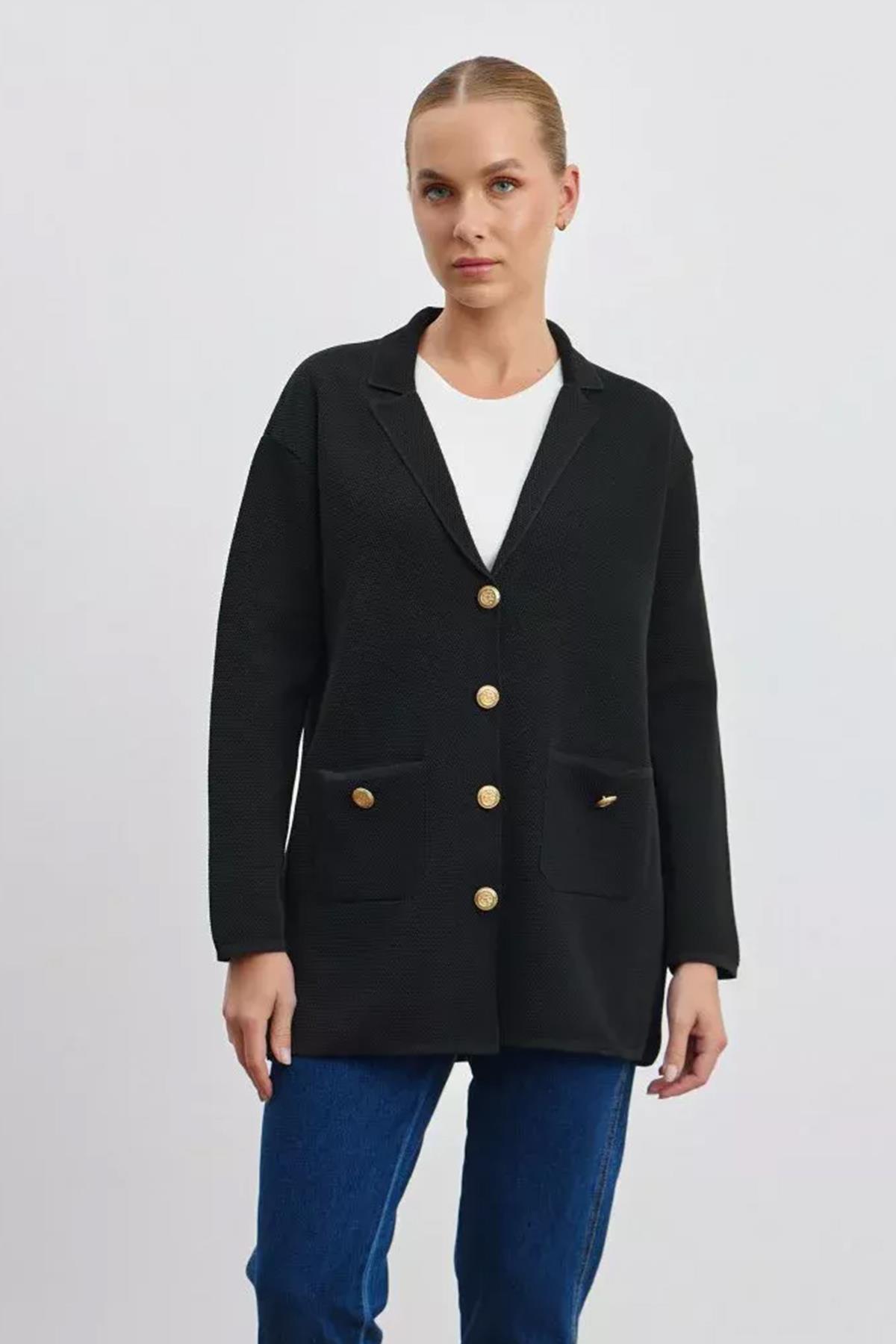 Merwish Özel İplik Pamuk Örme Triko Ceket Hırka 1156 Siyah