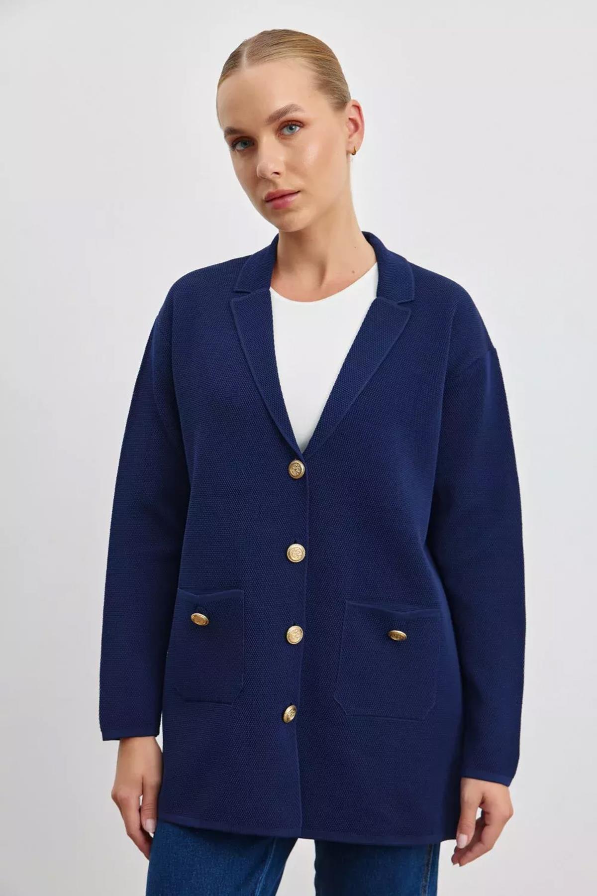 Merwish Özel İplik Pamuk Örme Triko Ceket Hırka 1156 Lacivert