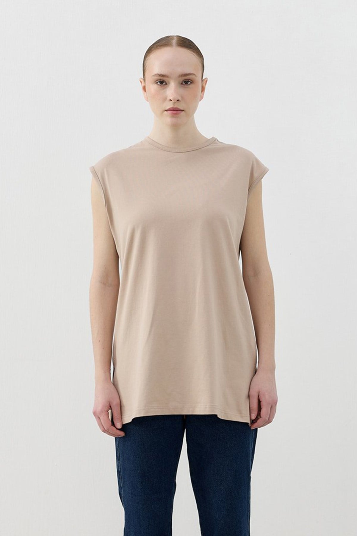 Merwish Sıfır Kol Basic Pamuklu Tişört 1810 Vizon