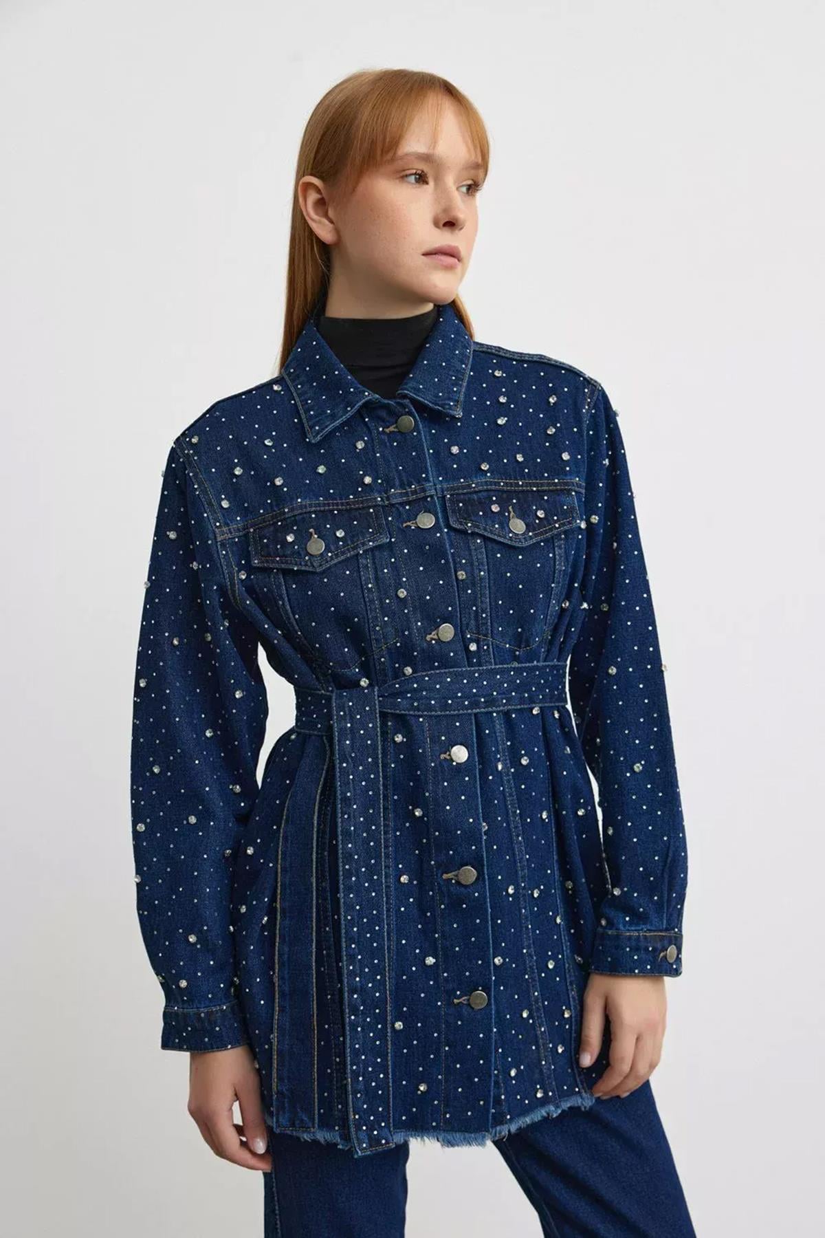 Merwish Sparkle İncili Denim Ceket 1113 Lacivert