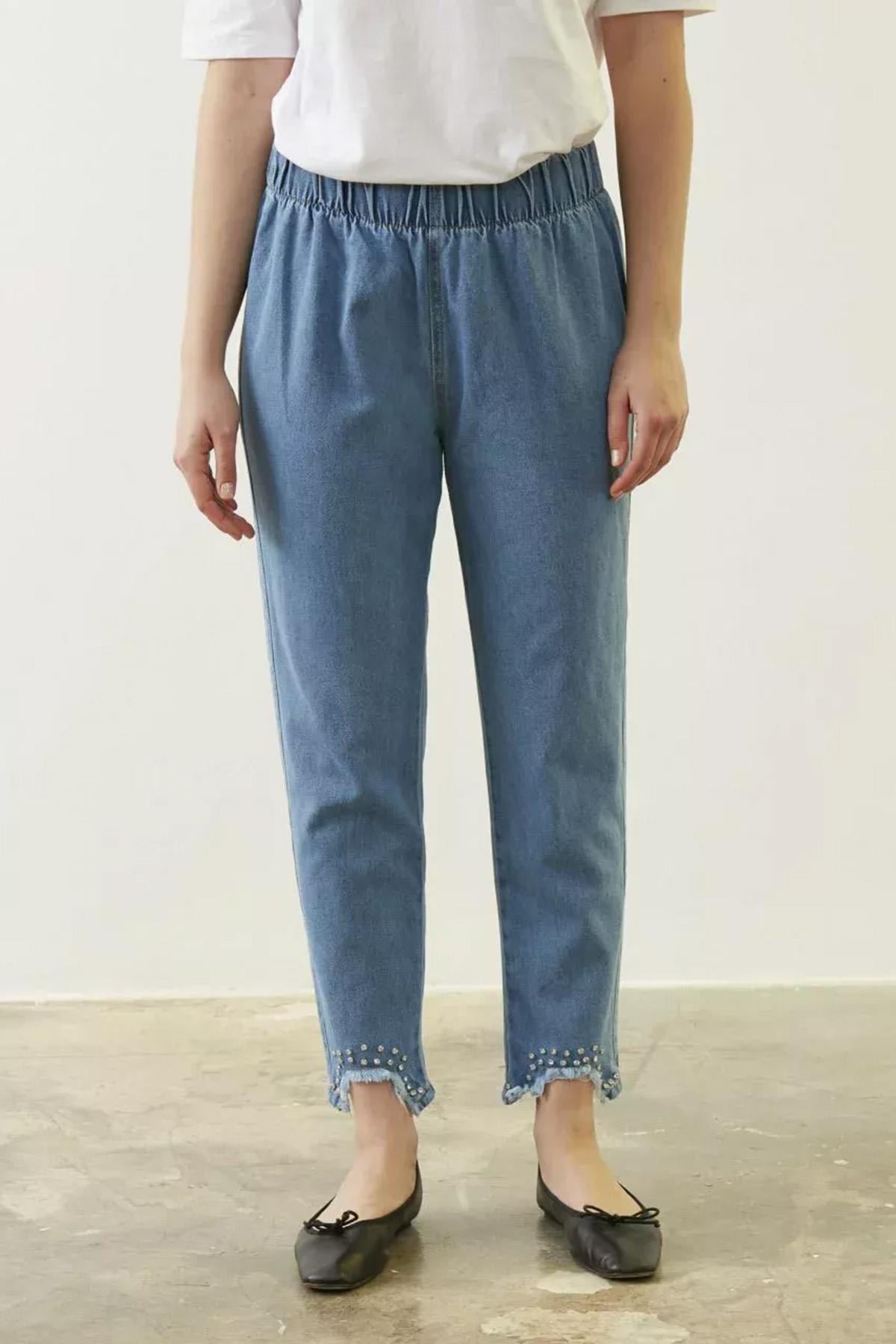Merwish U Kesik Taş Denim Pantolon 886 Mavi
