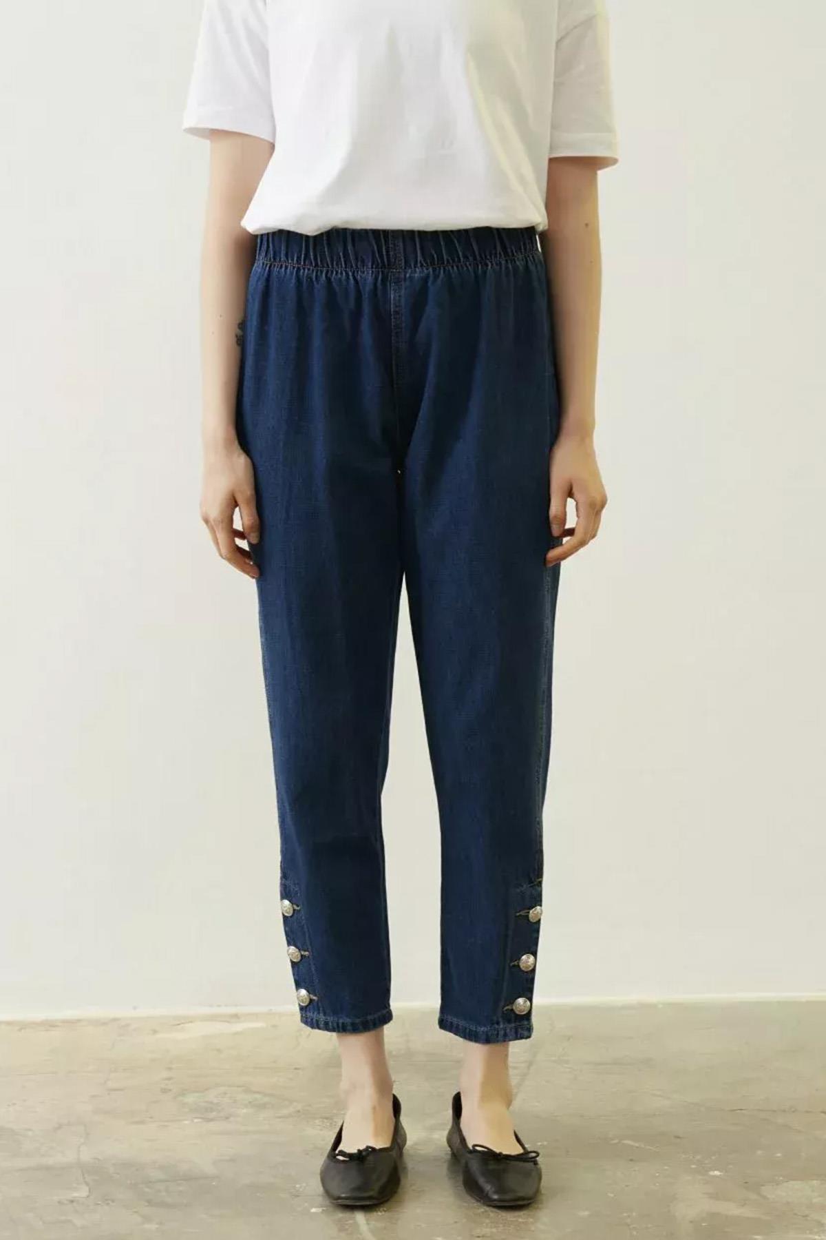 Merwish Yan Düğme Detaylı Denim Pantolon 888 Lacivert
