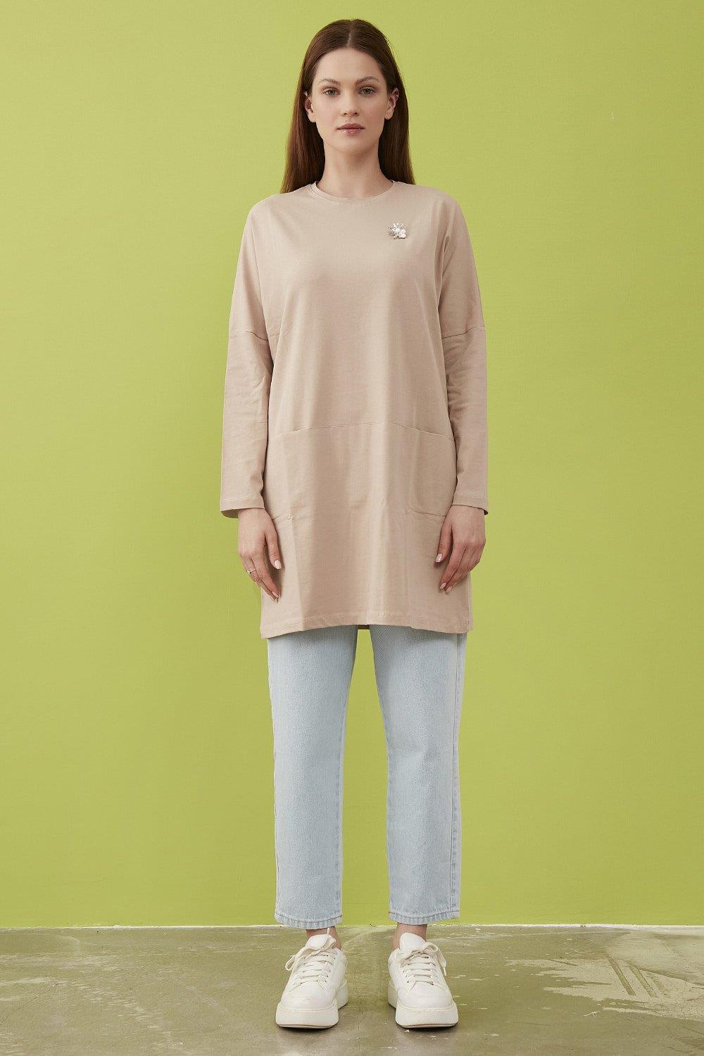 Merwishop Broş Cepli Tunik Bej