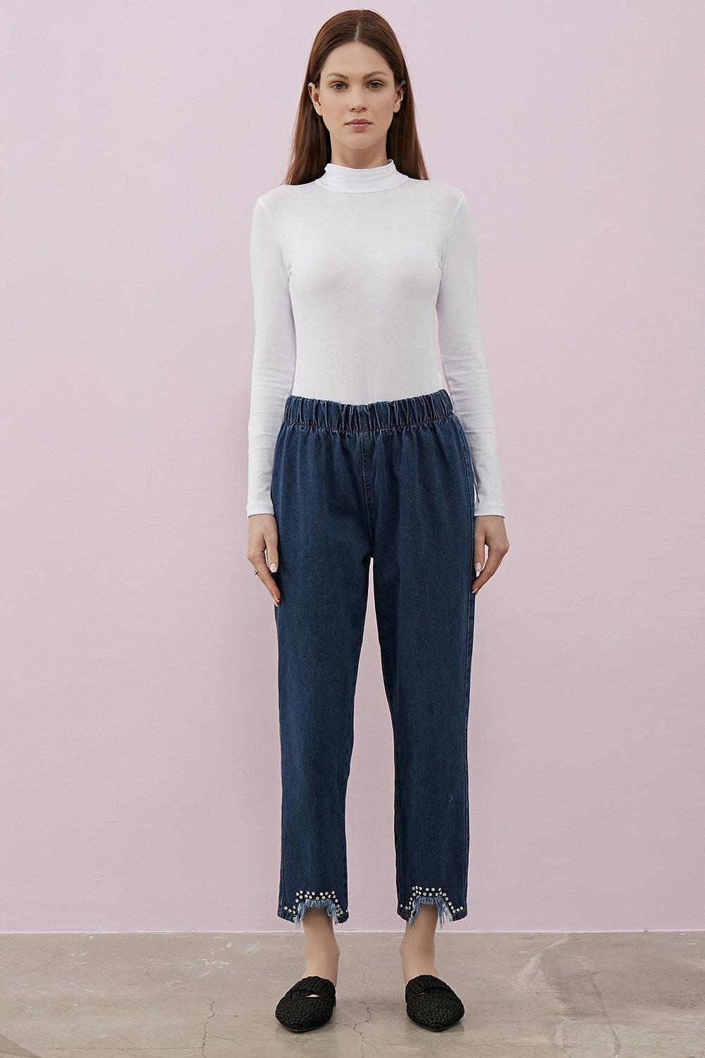 Merwishop Kesik Taş Detay Denim Pantalon Lacivert