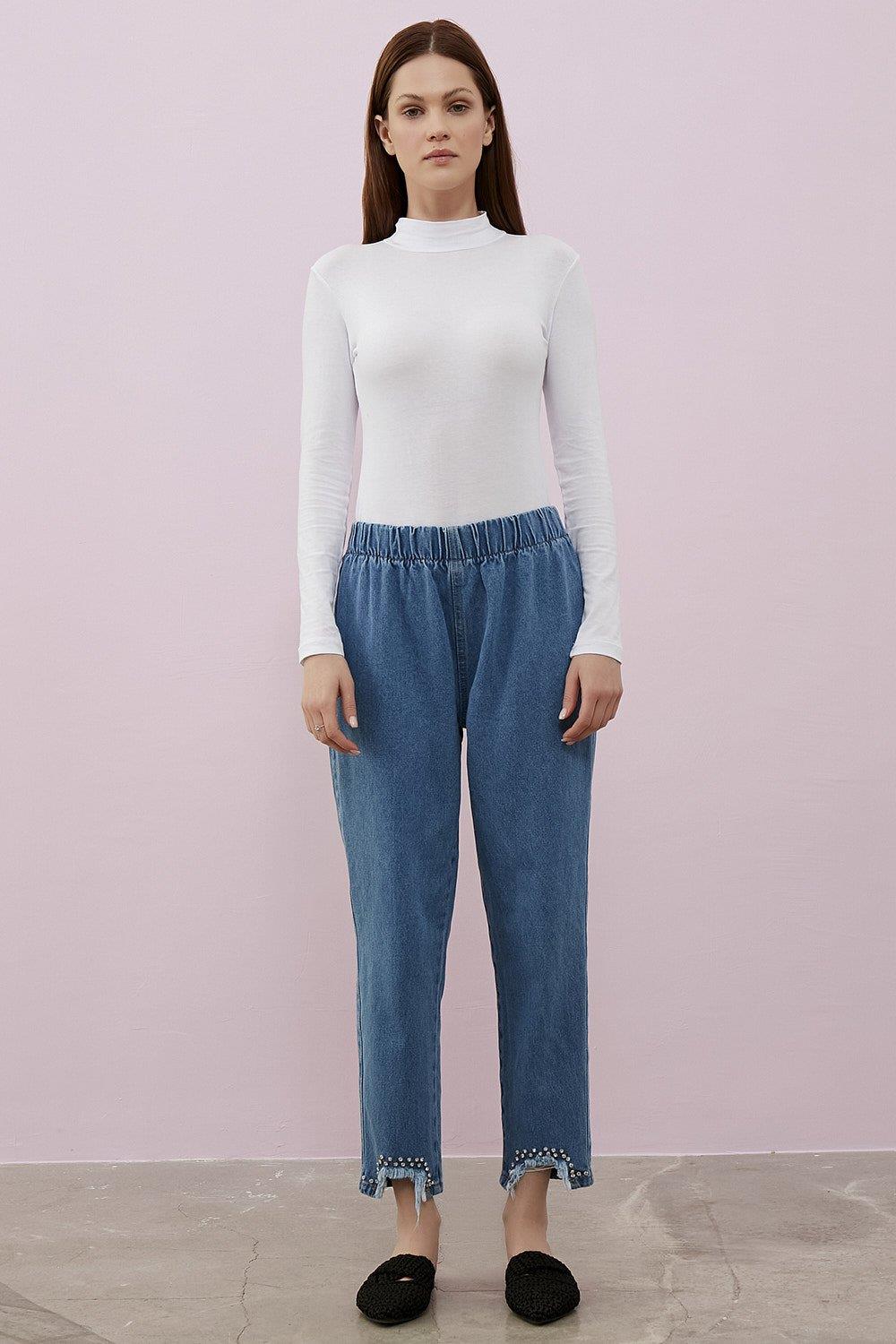 Merwishop Kesik Taş Detay Denim Pantalon Mavi