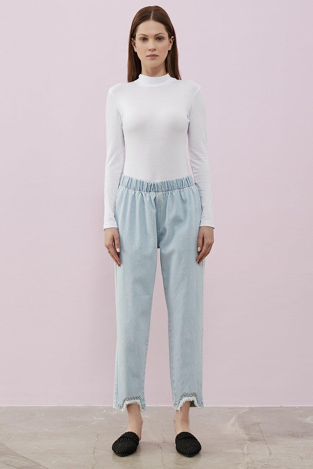 Merwishop Kesik Taş Detay Denim Pantalon Buz Mavi