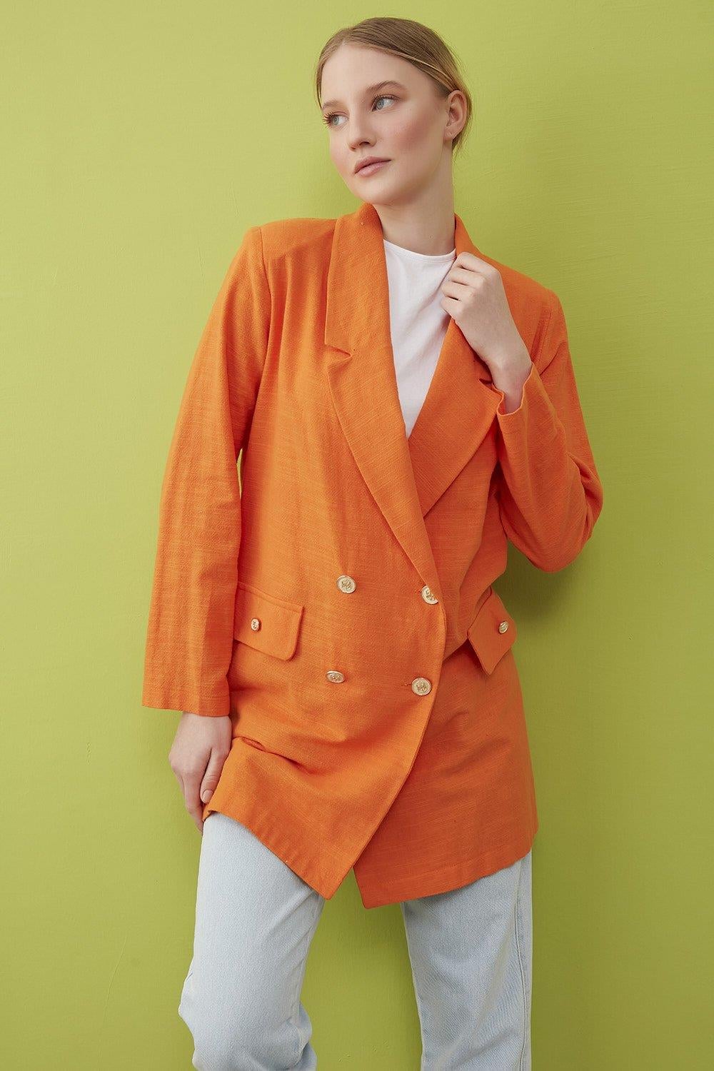 Merwishop Keten Blazer Ceket 582 Turuncu