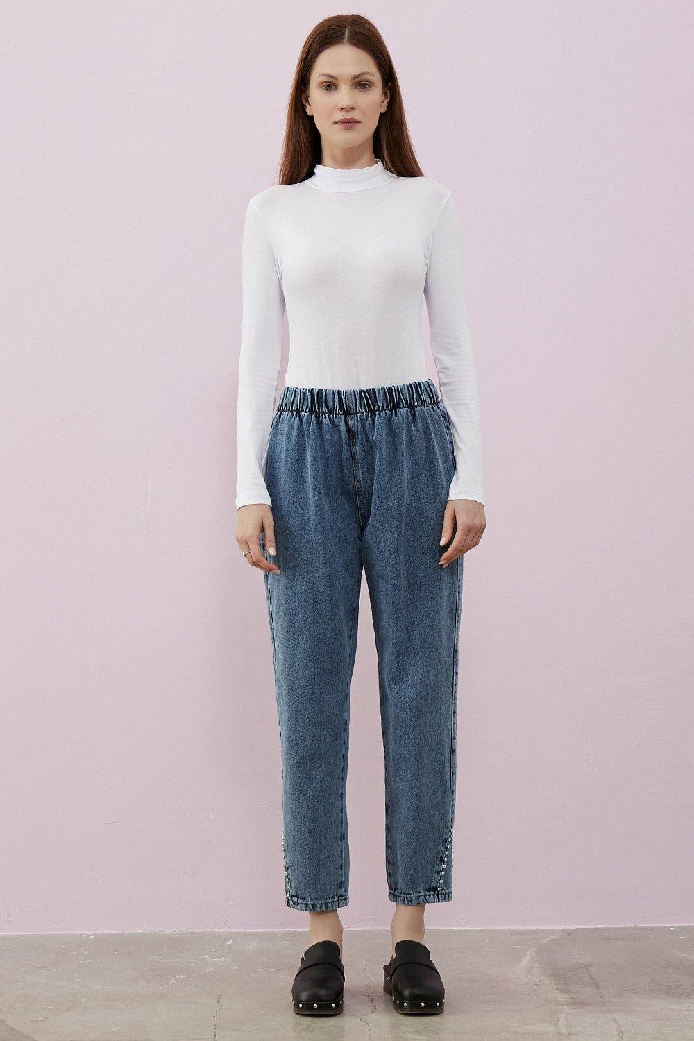 Merwishop Üçgen Taş Detay Denim Pantalon K.Y.Mavi