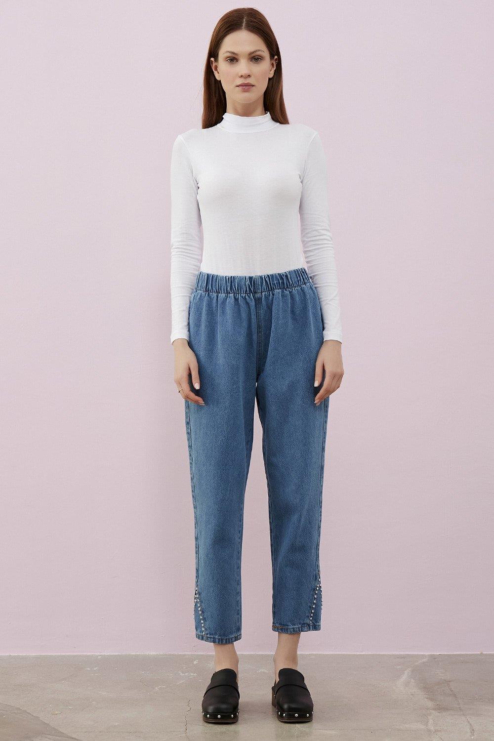 Merwishop Üçgen Taş Detay Denim Pantalon Mavi