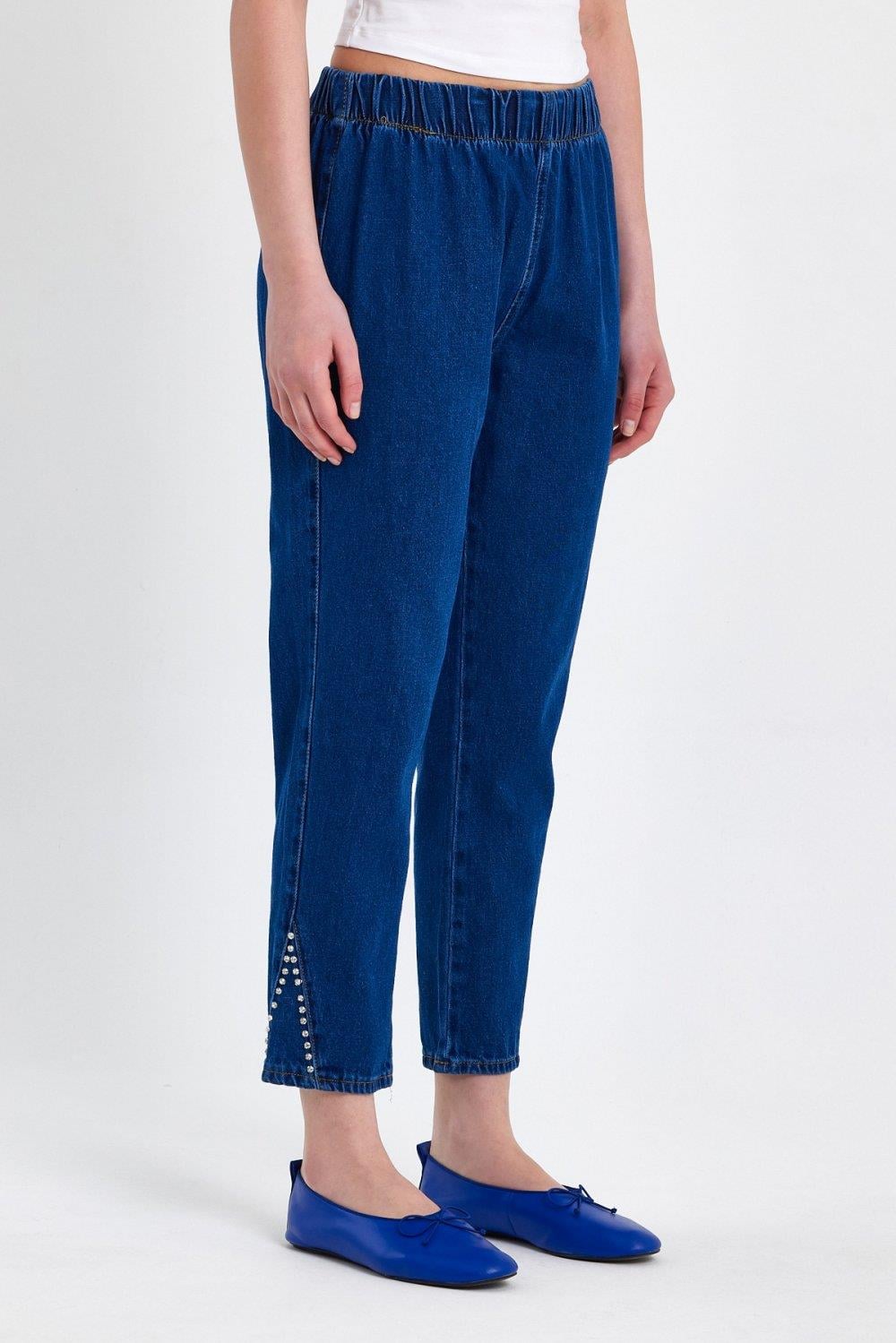 Merwishop Üçgen Taş Detay Denim Pantalon Lacivert
