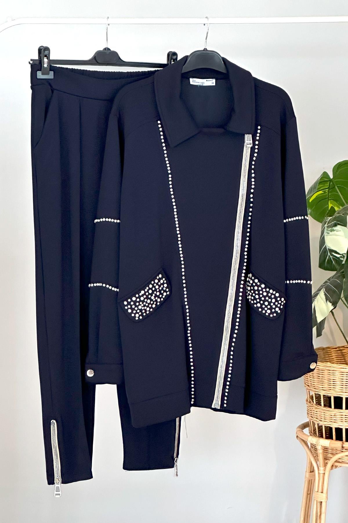 Missemramiss Biker Taşlı Pantolonlu Takım 4483 Lacivert