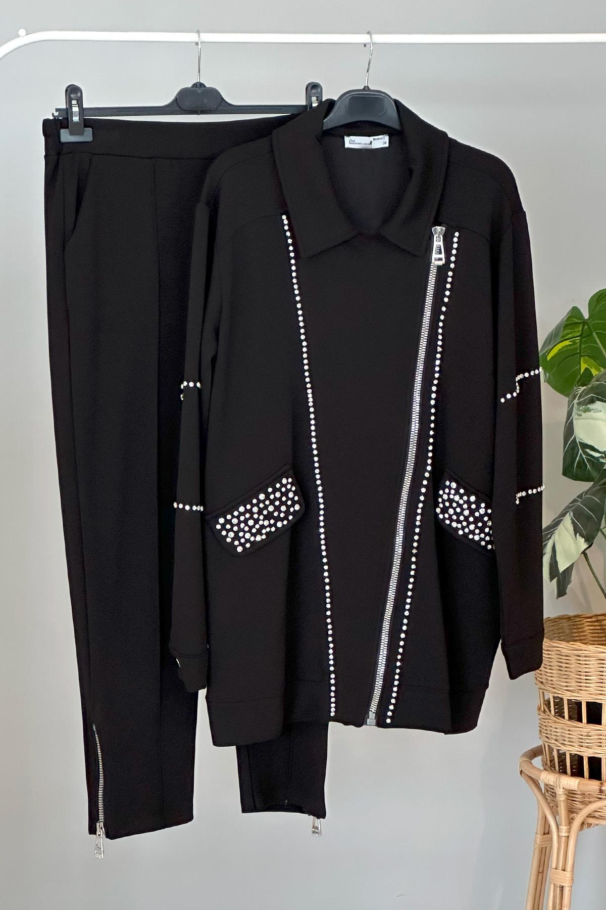 Missemramiss Biker Taşlı Pantolonlu Takım 4483 Siyah