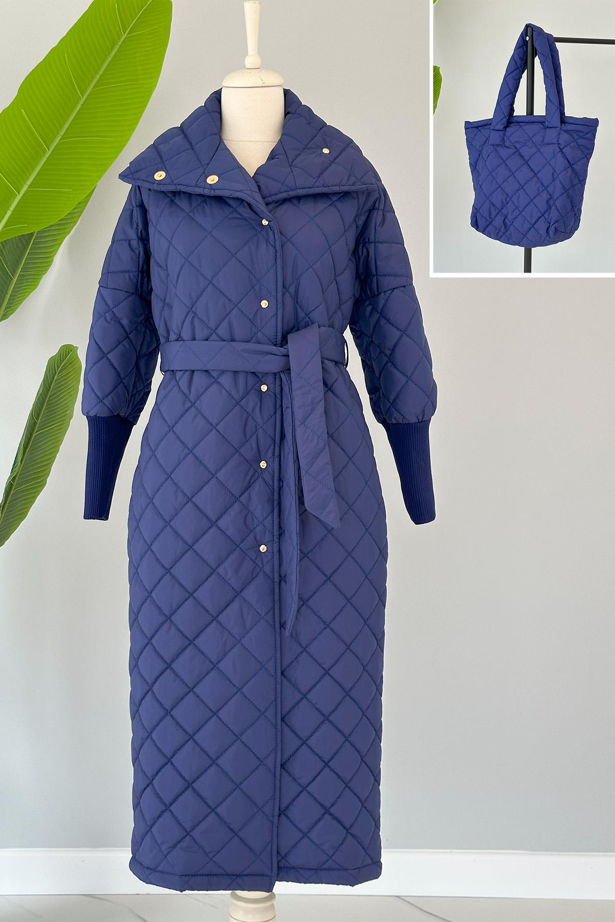 Missemramiss Çantalı Kapitone Kaban Mont 4104 Saks